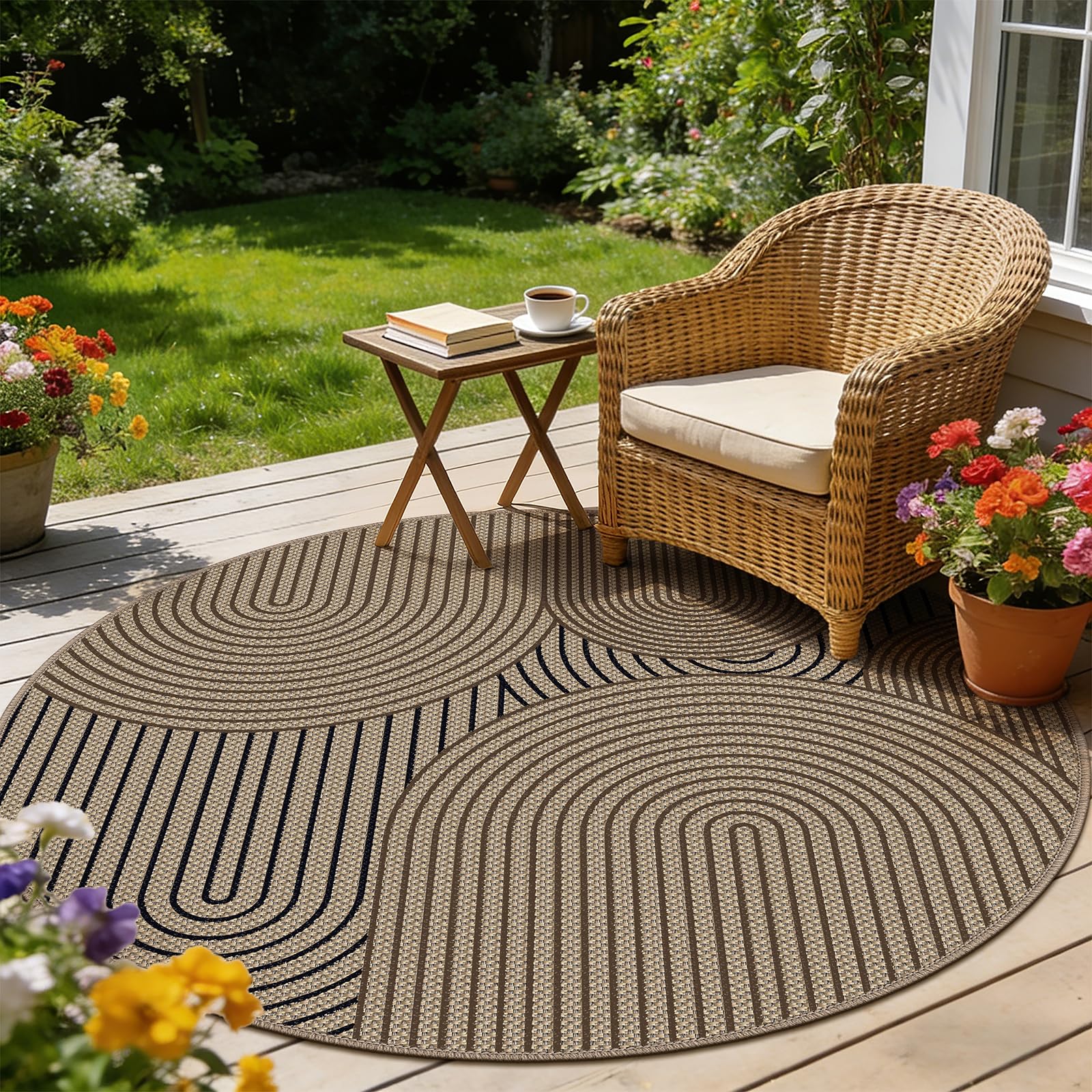 Teppich rund 160 cm, Leichter Jute Aussehen Teppich, Rutschfest Wohnzimmerteppich, Outdoor Teppich Waschbarer, Minimalistisch Boho Teppich Braun für Schlafzimmer, Wohnzimmer und Balkon