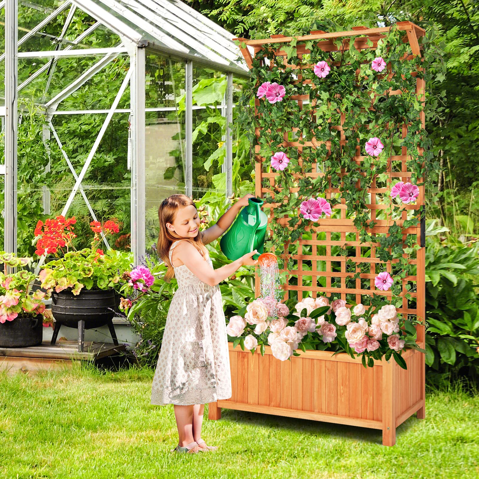 MAT EXPERT Raised Garden Bed with Trellis, Lattice Panel with Hanging Roof, Drainage Hole, Planter Box for Flower, Vine, Elevated Outdoor Planter for Garden (1, 35.5” x 17.5” x 72.5” (L x W x H))