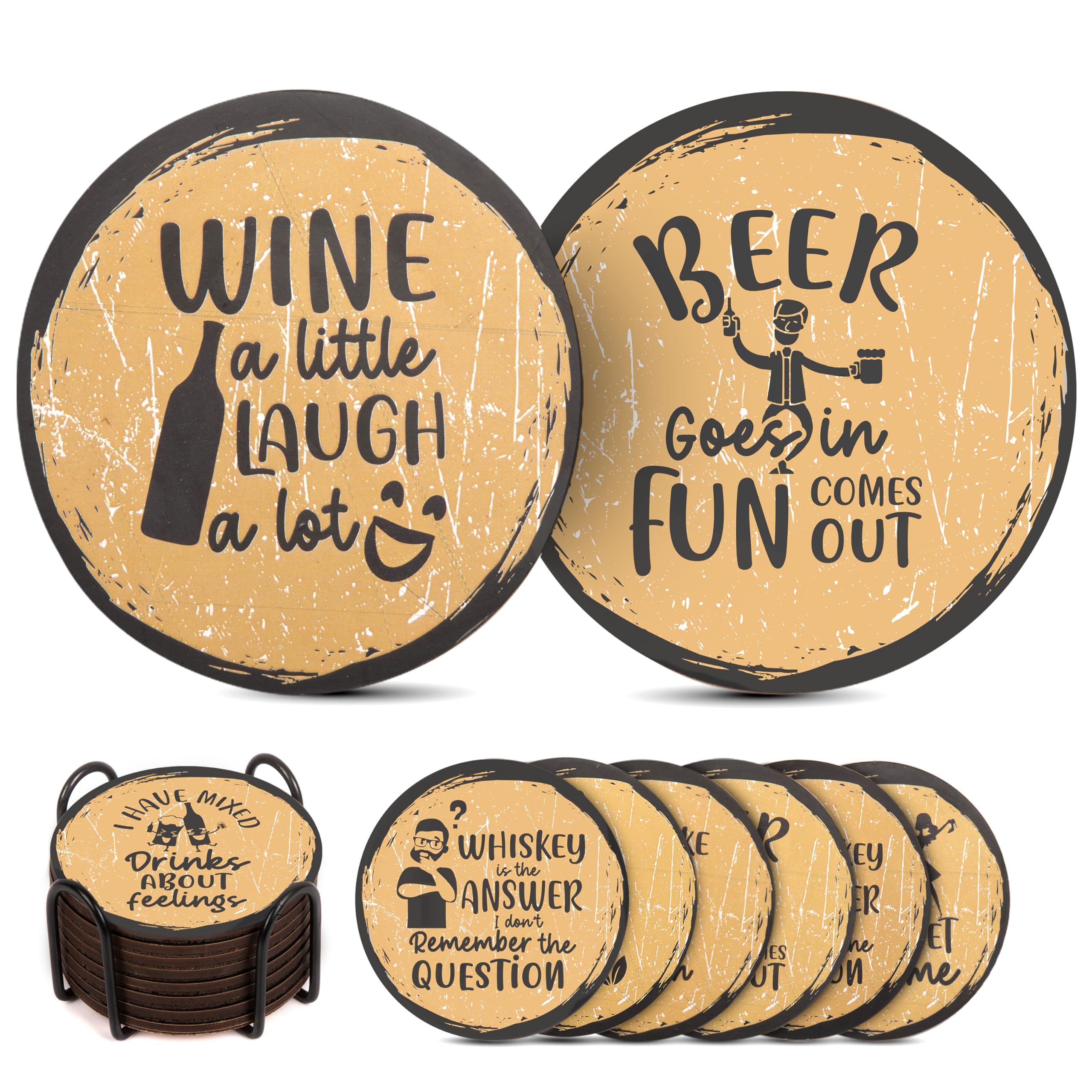 Habitage Funny Coasters for Drinks -Set of 8 with Holder, Absorbent Cork Base for Tabletop Protection, Made of Engineered Wood, Ideal for Housewarming, Bar-Decor, Birthday, Anniversary, Corporate Gift