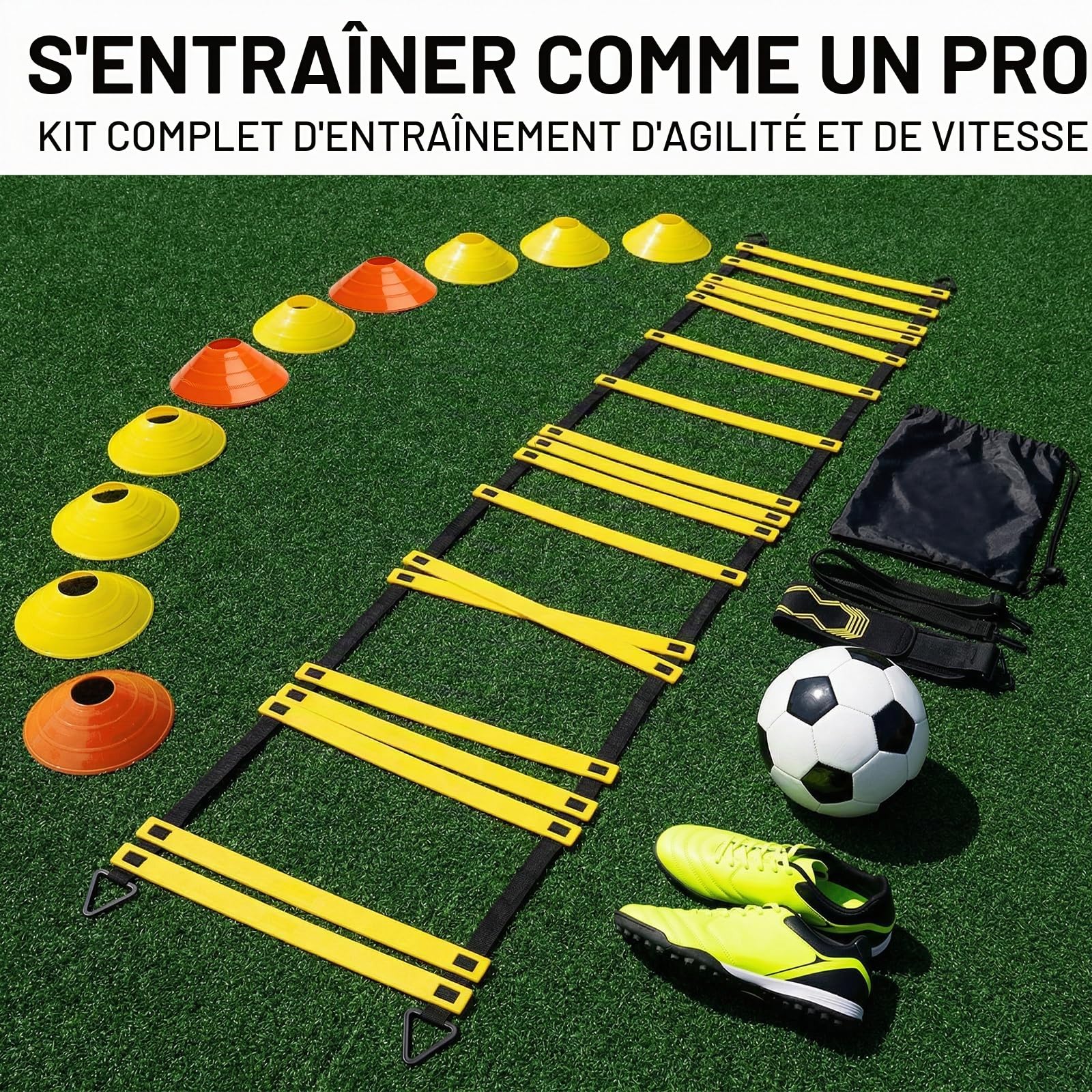 Entrainement Foot Kit, Échelle de Coordination 6m avec 12 Cônes, Accessoires Foot Entraînement pour Agilité, Vitesse et Pratique du Football