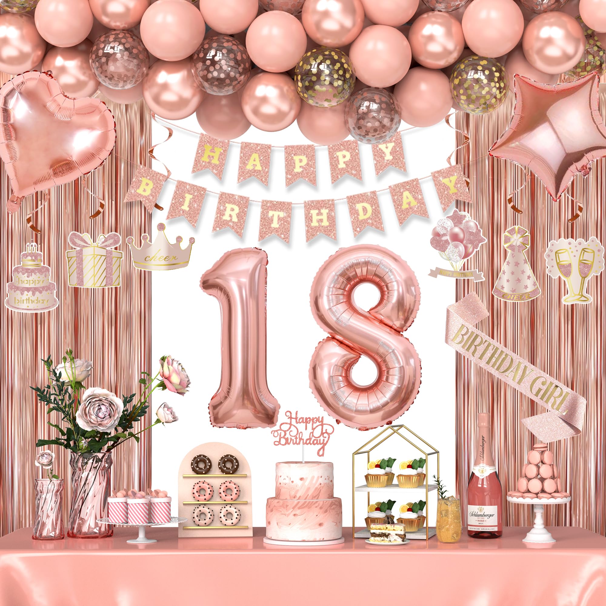 18th Birthday Decorations for Girls, Happy 18 Birthday Decorations for Her, Rose Gold Birthday Party Supplies with Banner, Number Balloons, Fringe