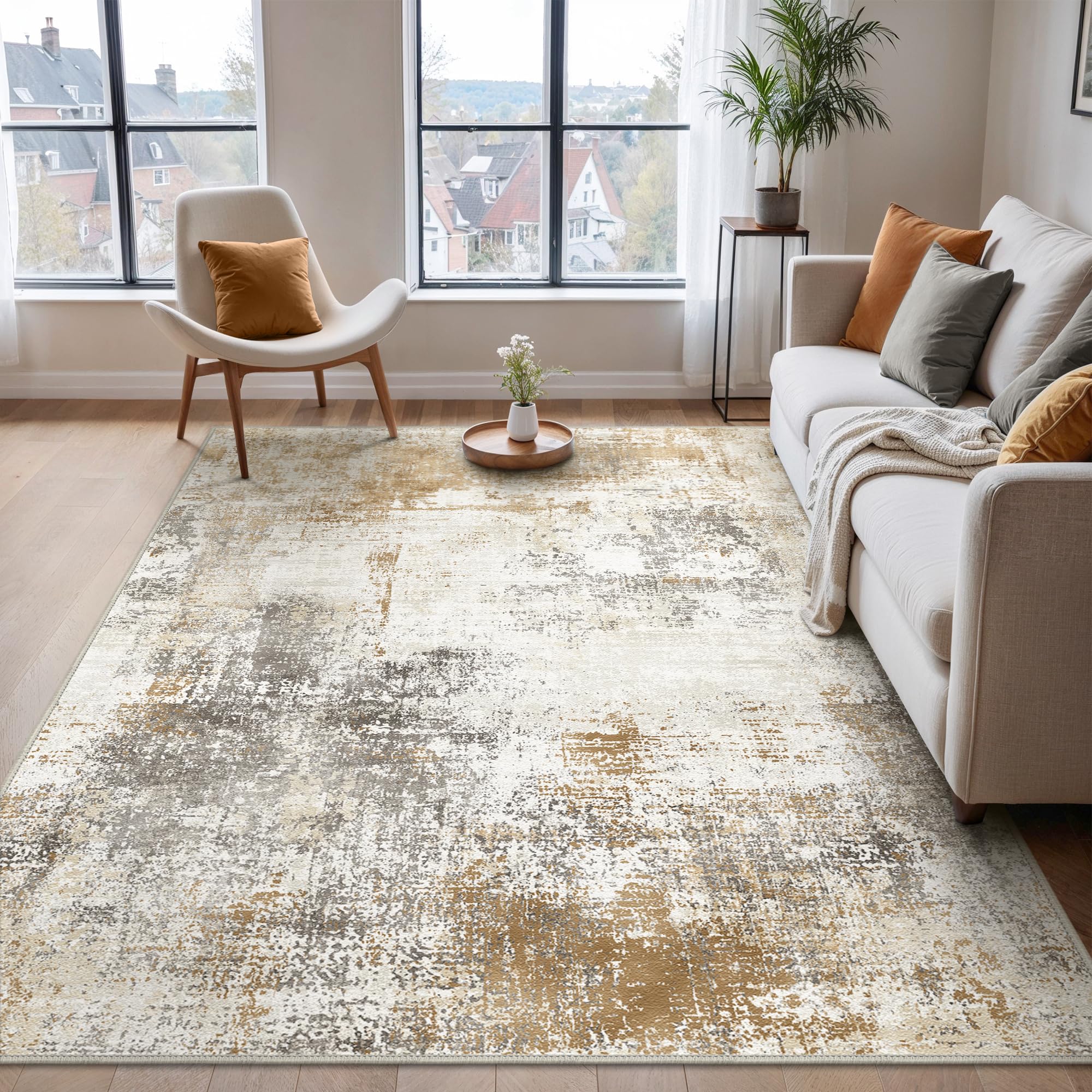 BEIMO XL Washable Rugs 200x290cm, Abstract Area Rugs for Bedroom Soft Short Pile, Machine Washable Rug Non-Slip Large Rugs for Living Room, Dining Room, Golden Rust