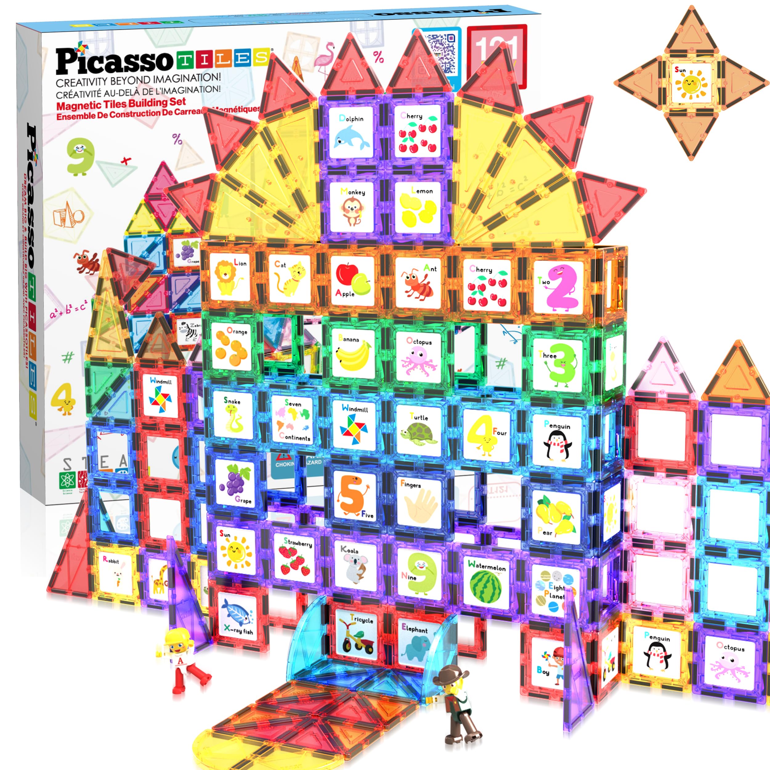 PicassoTiles 121pc Master Builder Magnetic Building Block Construction Set Blocs de tuiles aimantées avec Camion de Voiture, 2 Figurines d'action de caractère, 28 Animaux de l'alphabet éducatif