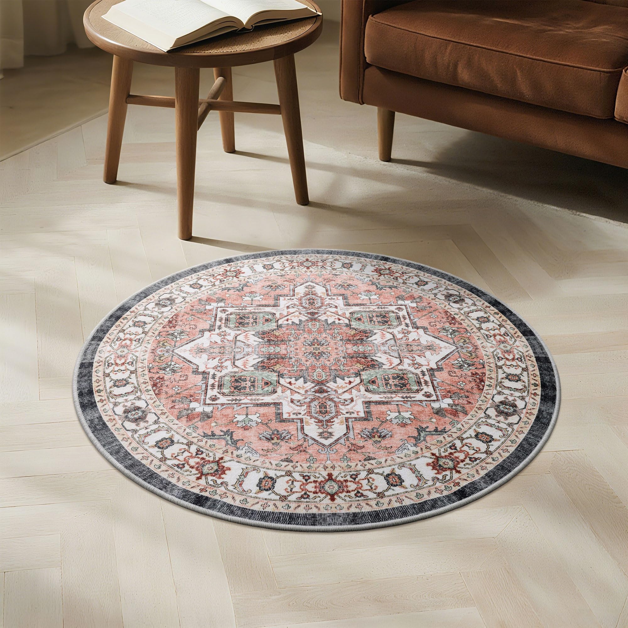Photo 1 of Carvapet 24 inch/61 cm Vintage Round Small Rugs Non-Slip Washable Circle Rug with Rubber Backing Foldable Low Pile Design for Living Room Bedroom, 2 ft Dark Pink Rug