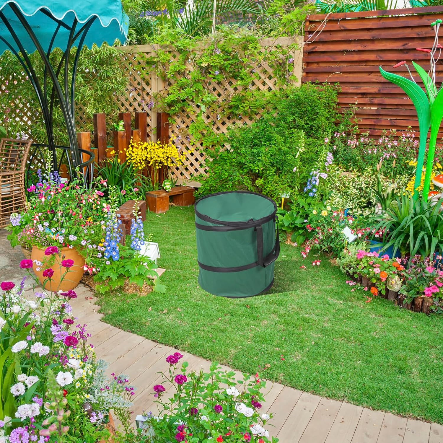 Collapsible Oxford Fabric Nut and Garden Leaf Collection Bag with Lid, 47x50cm Portable Yard Waste Storage Holder for Lawn and Gardening Use, Green with Black Handles