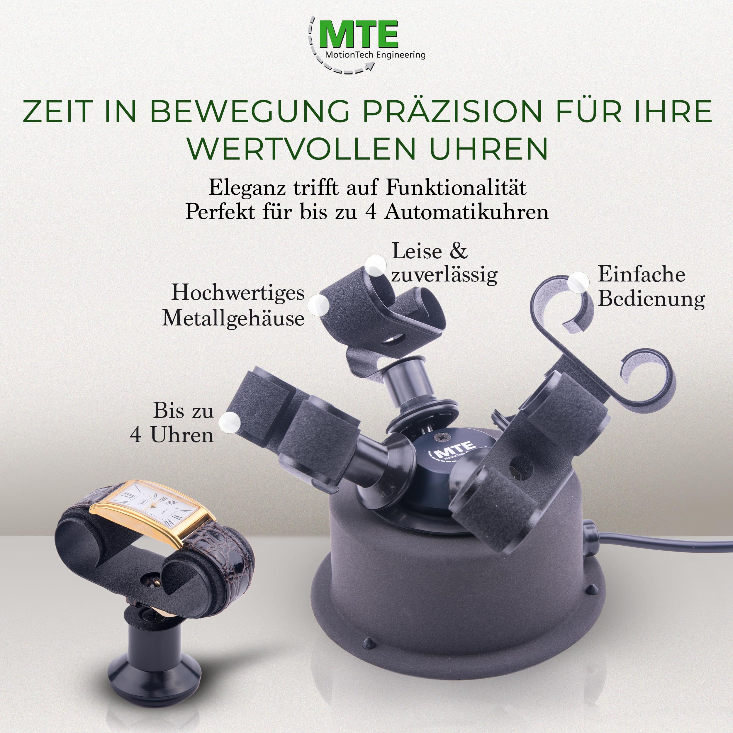 MTE Bewegungstechnik Uhrenbeweger (WTS 4 Anthrazit) bis zu 4 Uhren – Elektronisch gesteuerte Rotation und Pausen – Uhrenbeweger für Automatikuhren – leiser Watch Winder – Made in Germany
