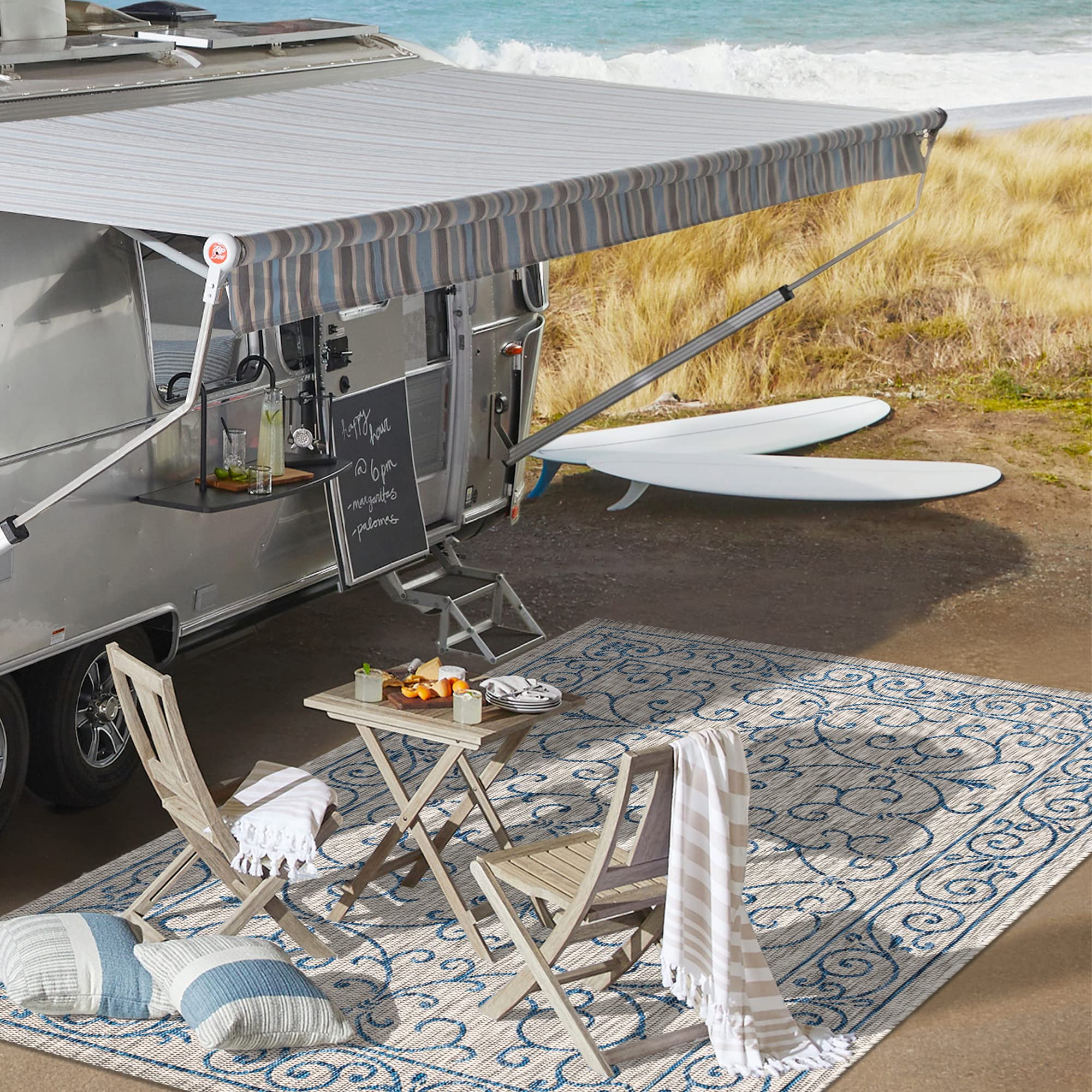 JONATHAN Y SMB106C-8 Charleston Tapis Tissu texturé Filigrane Vintage Intérieur/Extérieur, Facile à Nettoyer, Chambre, Cuisine, Cour, Patio, Anti-Peluche, 240 cm x 300 cm, Gris/Marine