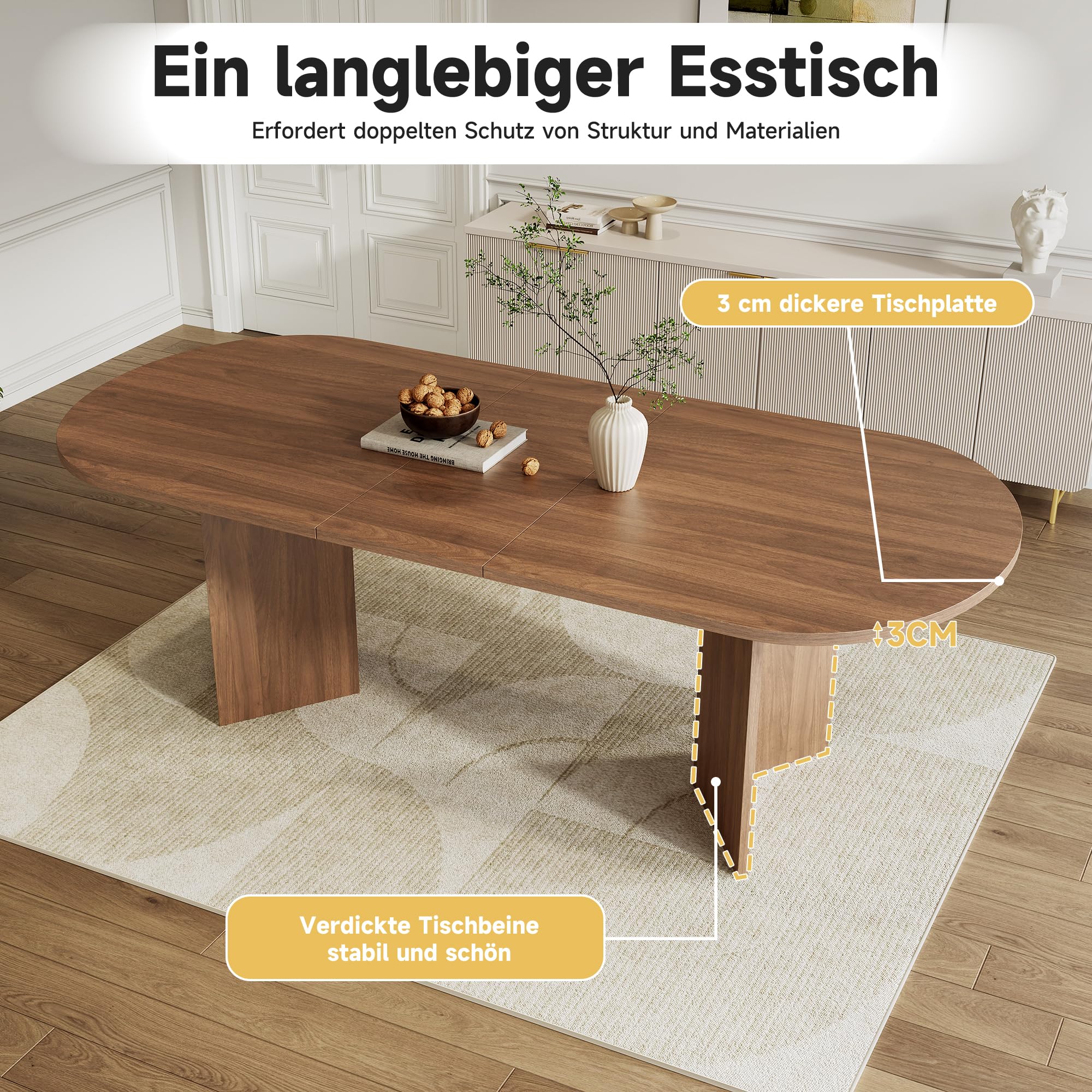 Soweiz Mesa de comedor extensible de 160/200 x 90 cm, mesa de madera adecuada para 4 – 6 personas, mesa de salón con esquinas redondeadas, tablero de nogal grueso