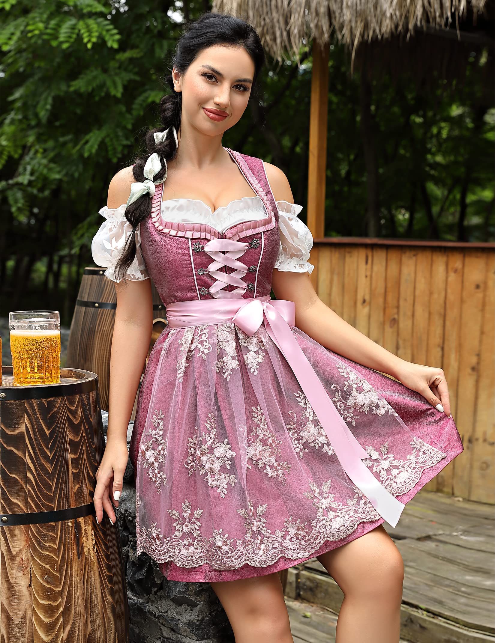 KOJOOIN Abito Donna Dirndl Bavaria Oktoberfest Set 3 Pezzi Camicia e Grembiule Dirndl Manica Corta Grembiule Bavarese Oktoberfest Cameriera Abiti da Festa