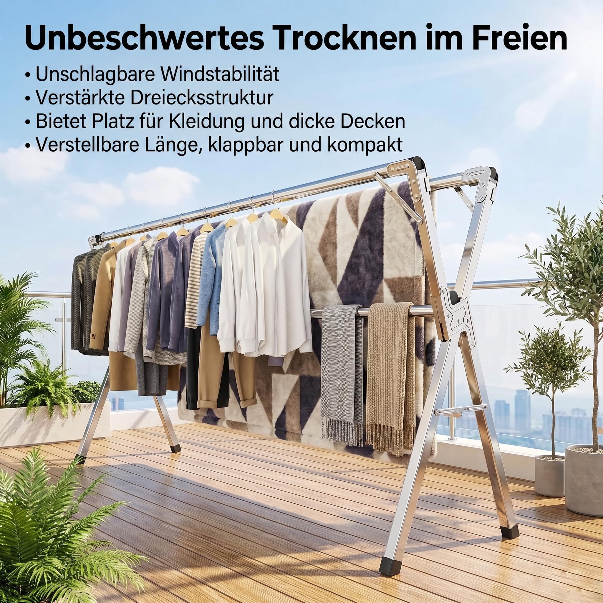 Wäscheständer, faltbar, Edelstahl, Typ Tancarville, Wäscheständer für drinnen und draußen, verstellbarer Wäscheständer 140 – 240 cm, 60 kg pro Stange, mit 40 Haken, winddicht