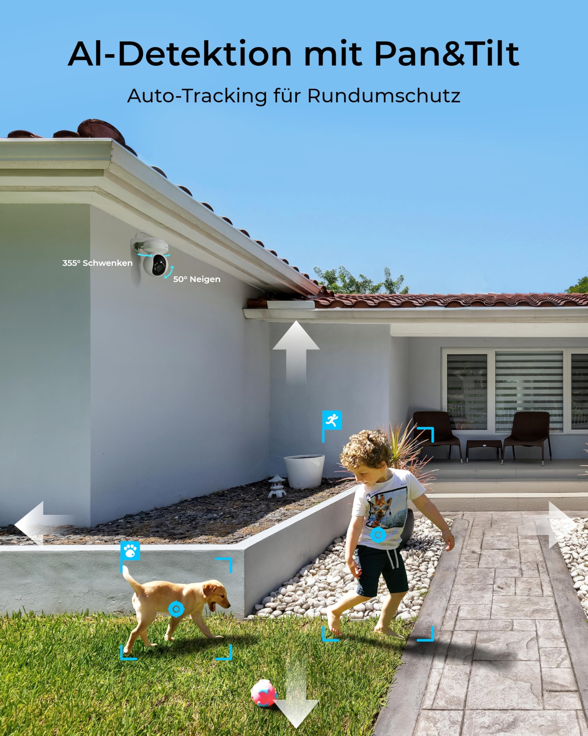 Reolink 4K PoE Überwachungskamera Set Aussen, 355° Schwenken, 50° Neigen, Auto-Tracking, Person-/Fahrzeug-/Tiererkennung, mit 2TB HDD, 24/7 Aufzeichnung, 8-Kanal NVR, für Outdoor & Innen, RLK8-800PT4