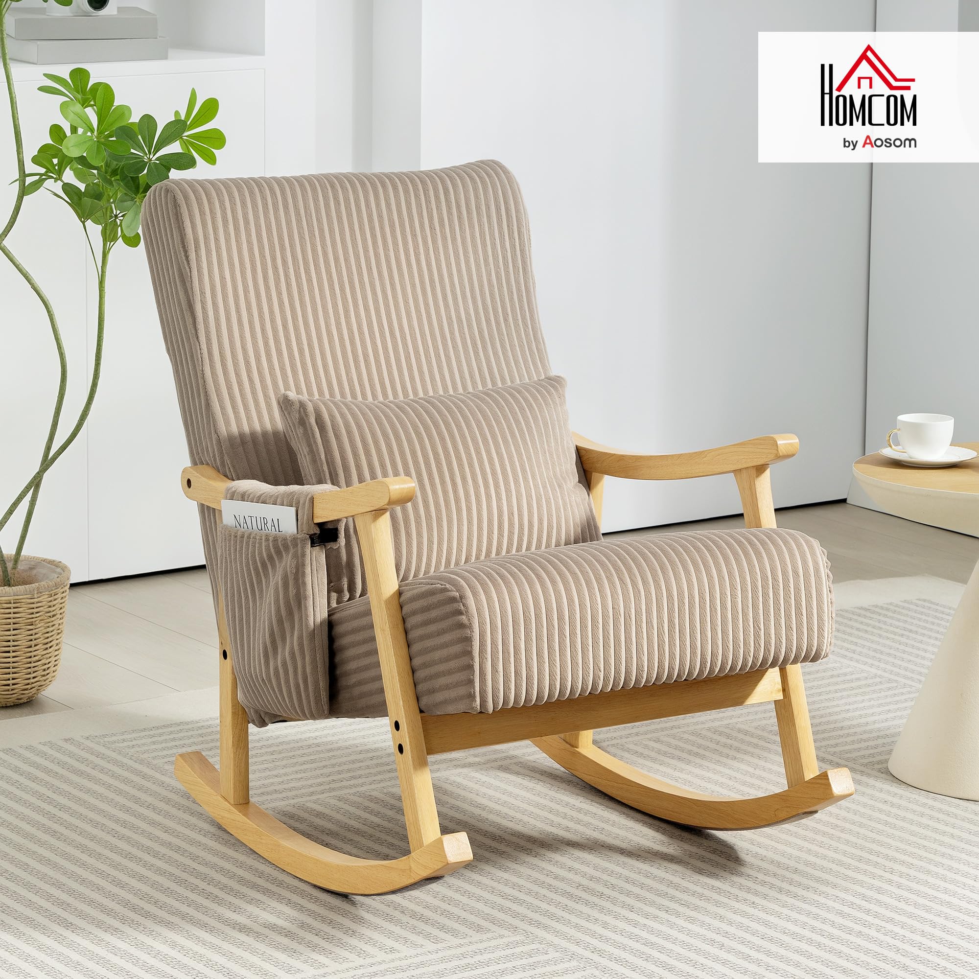 HOMCOM Silla Mecedora, Mecedora de Pana con Cojín Lumbar, Patas y Reposabrazos de Madera, Asiento Ancho, Bolsillo, Estilo Moderno, Sillón de Relax, Carga 120 kg, para Dormitorio, Salón, Marrón Claro