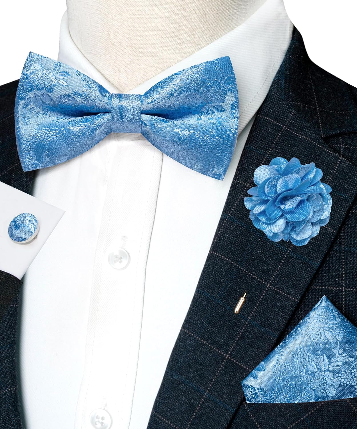 JEMYGINS Floral Pre-tied Bow Tie and Pocket Square Cufflinks Lapel Pin Sets for Men 4PCS - Image 2