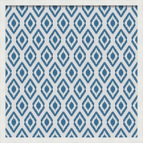 PinPix Tablero de anuncios de corcho de 24 x 24 pulgadas. Este tablero decorativo enmarcado viene con diseño azul marino Ikat y marco blanco