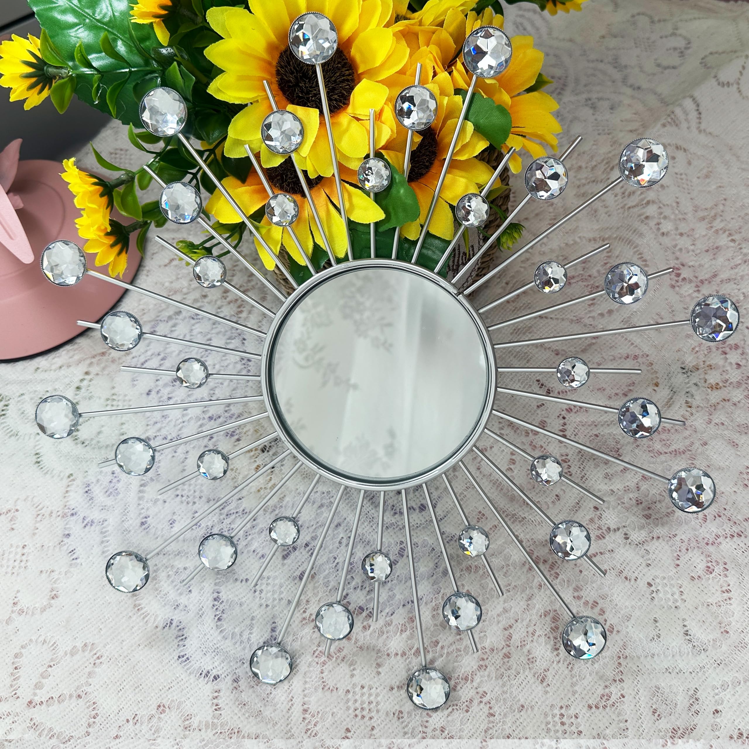 Uaussi Kristall-Sonnenspiegel, Dekoration, Strass-Spiegel, dekorative Wandkunst für Wohnzimmer, Schlafzimmer, Eingangsbereich, 3 Stück (Kristalle, Silber)