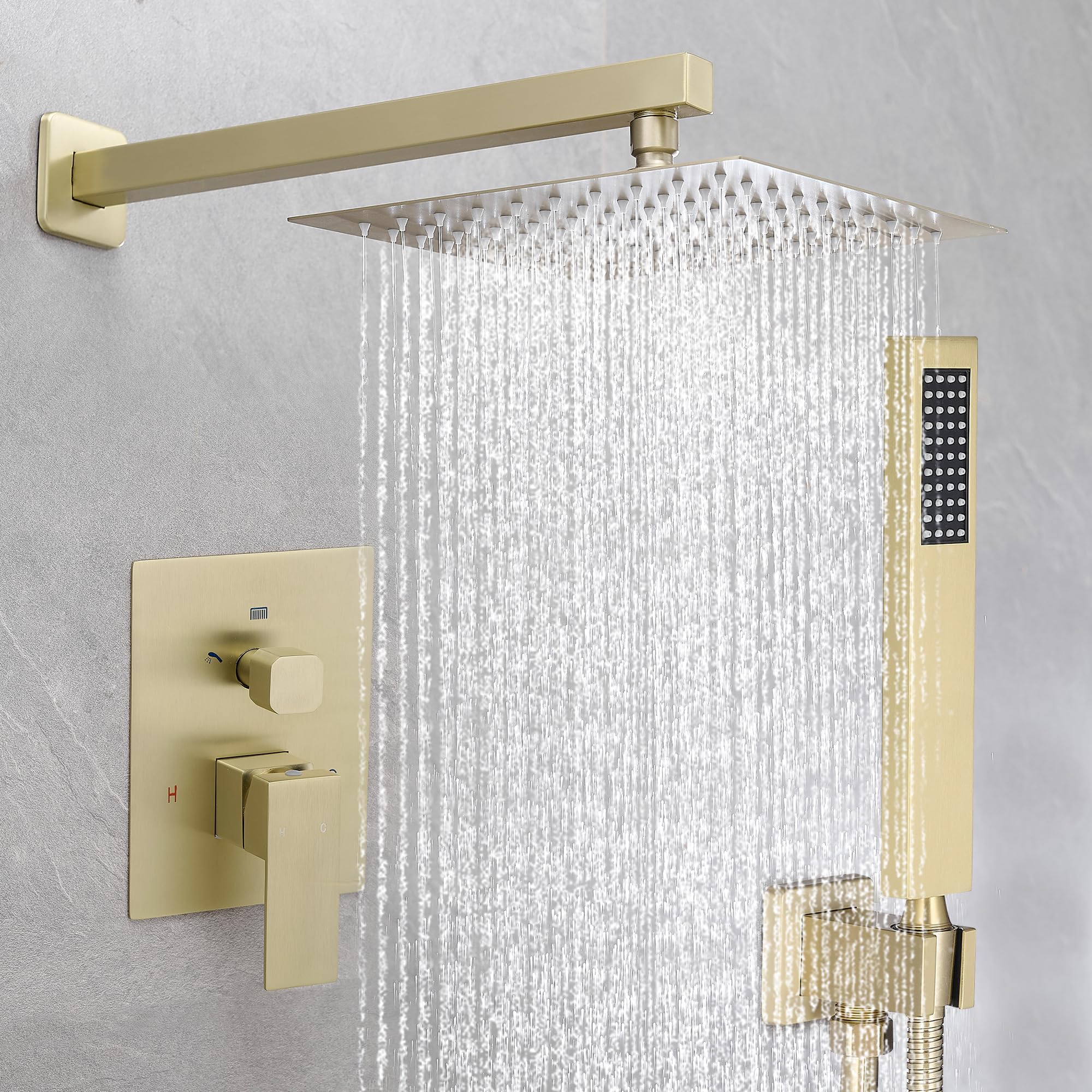 Photo 1 of ***DAMAGED AND MISSING PARTS*** Fransiton Shower Faucet set with Shower head 10 Inches Rainfall Shower Head and Handle Set Single Handle Wall Mounted Shower System Set with Female Threads Valve Body(10", Brushed Gold)