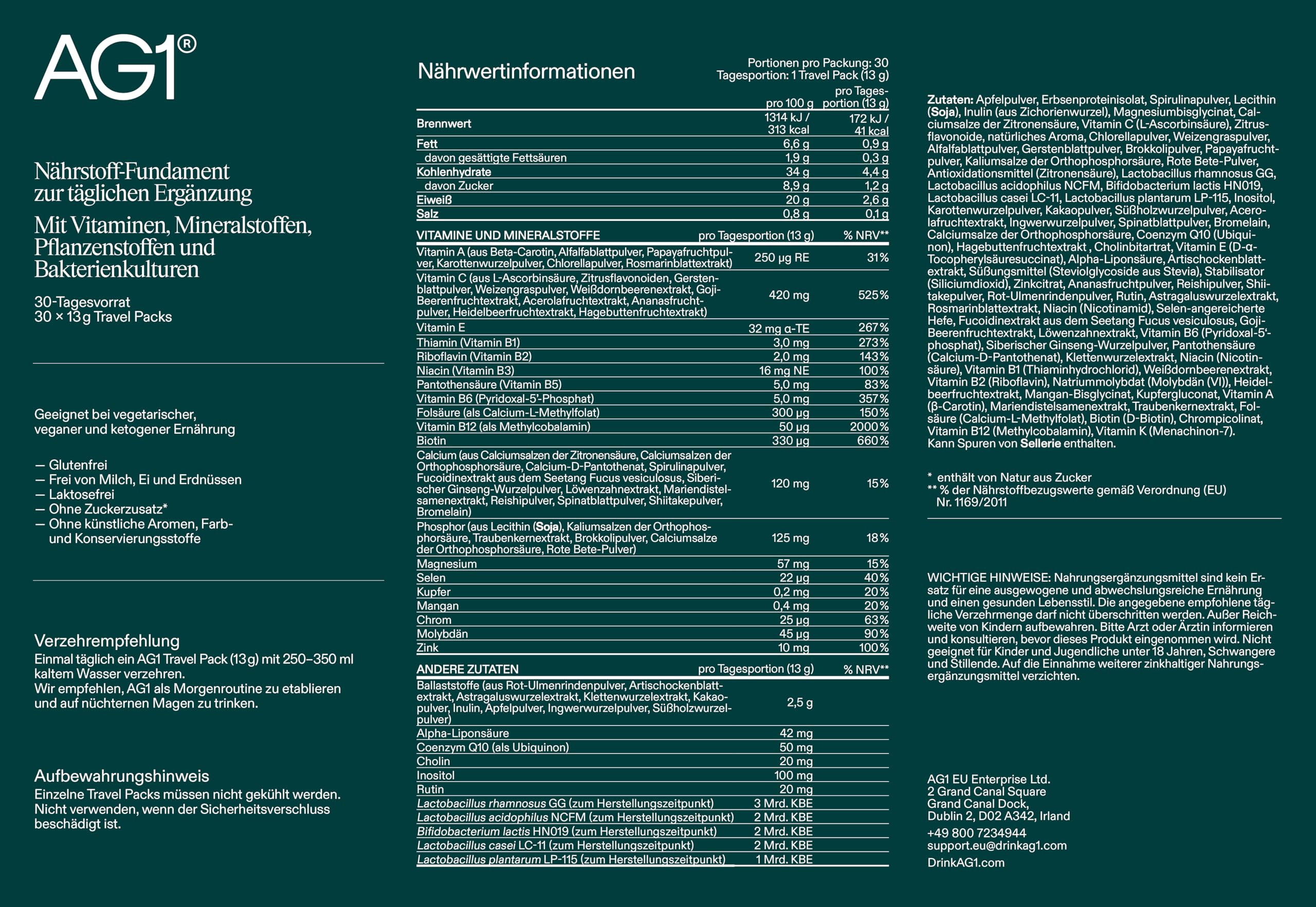 AG1 Greens Pulver Supplement | Täglicher Nährstoff-Boost: Vitamine, Mineralstoffe, gute Darmbakterien, Vegan & Keto-freundlich | (Travel Packs, 30 Stück, Nachfüllpackung ohne Shaker) - Refill