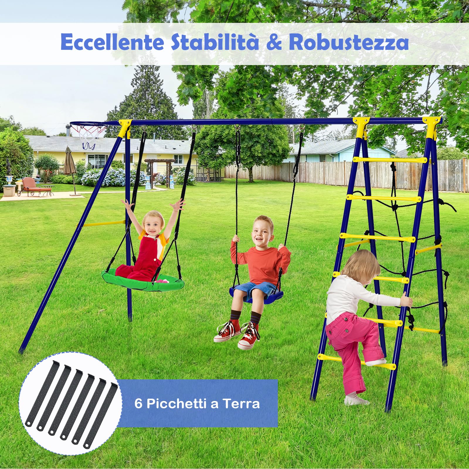 COSTWAY Set Altalena da Giardino 5 in 1 per Bambini | 2 Altalene con Canestro da Basket e Scala di Arrampicata, Carico Massimo 75 kg, per Interno ed Esterno