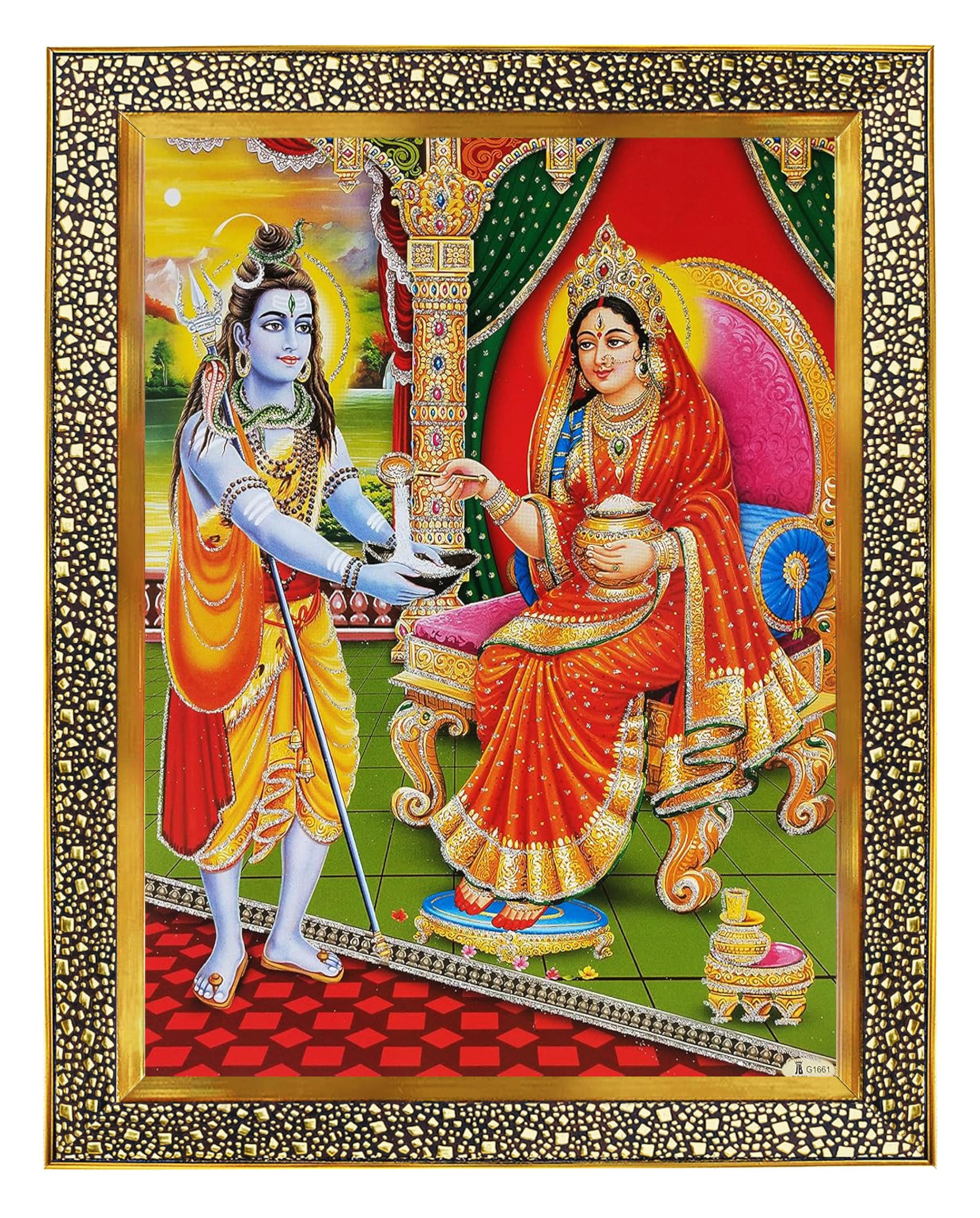 Koshtak Load Shiva & Maa Annapurna devi sitting on throne photo frame with Unbreakable Glass for wall hanging/gift/temple/puja room/home decor and Worship