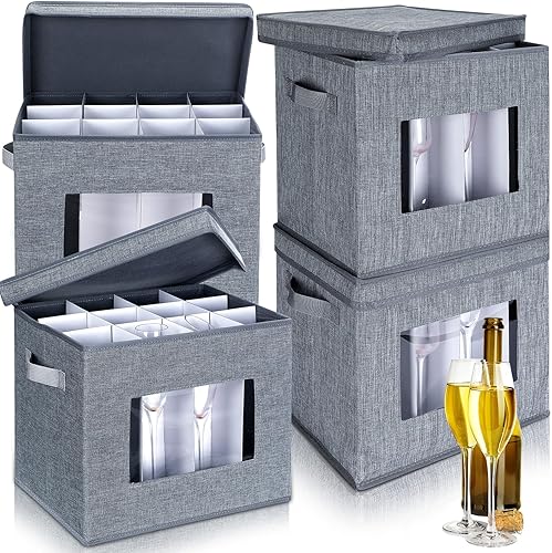 Uiifan 4 cajas de almacenamiento de copas de vino con divisores, 12 compartimentos, cajas de almacenamiento de vasos de porcelana con tapa y asa