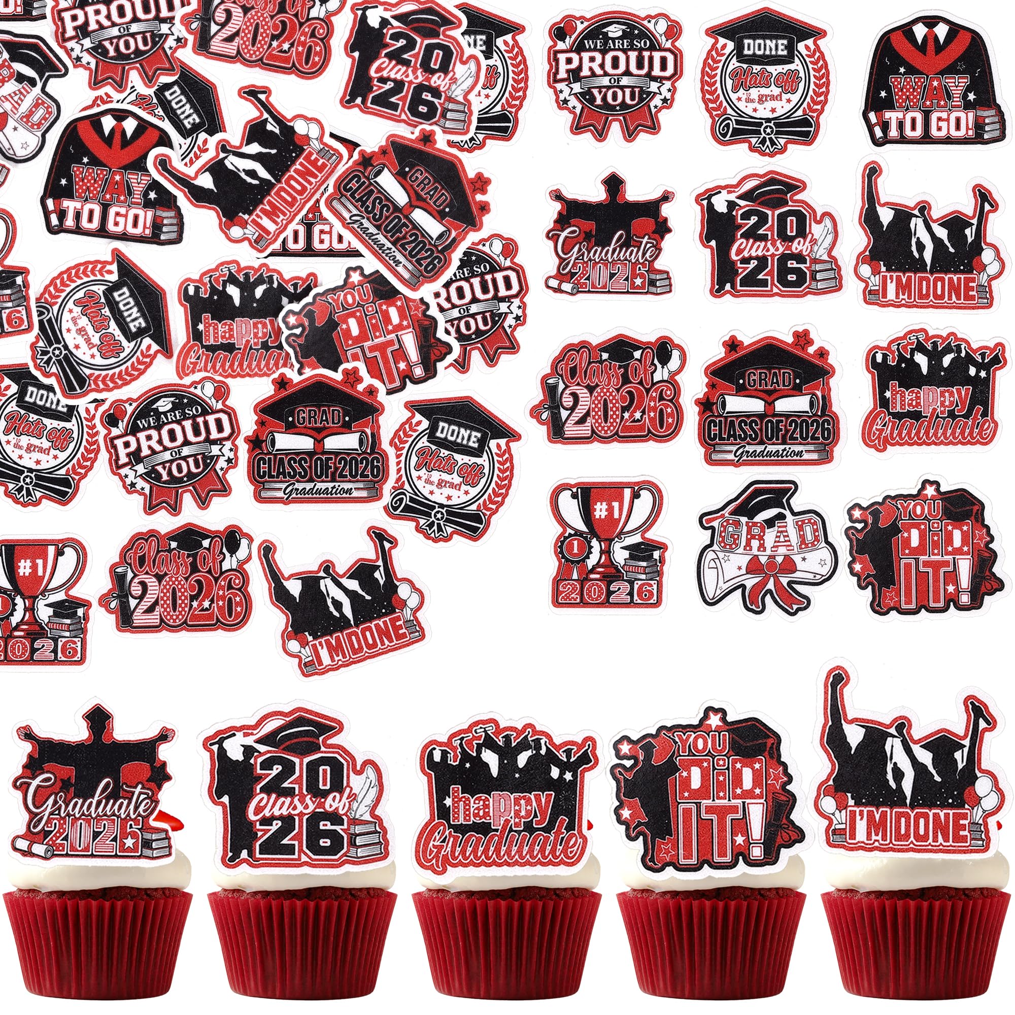 SYKYCTCY 60 Pack Edible Class of 2026 Cupcake Toppers Wafer Paper 2026 Graduation Cupcake Picks So Proud of You Done Diploma Grad Cap Cake Decorations for 2026 Graduation Theme Party Supplies