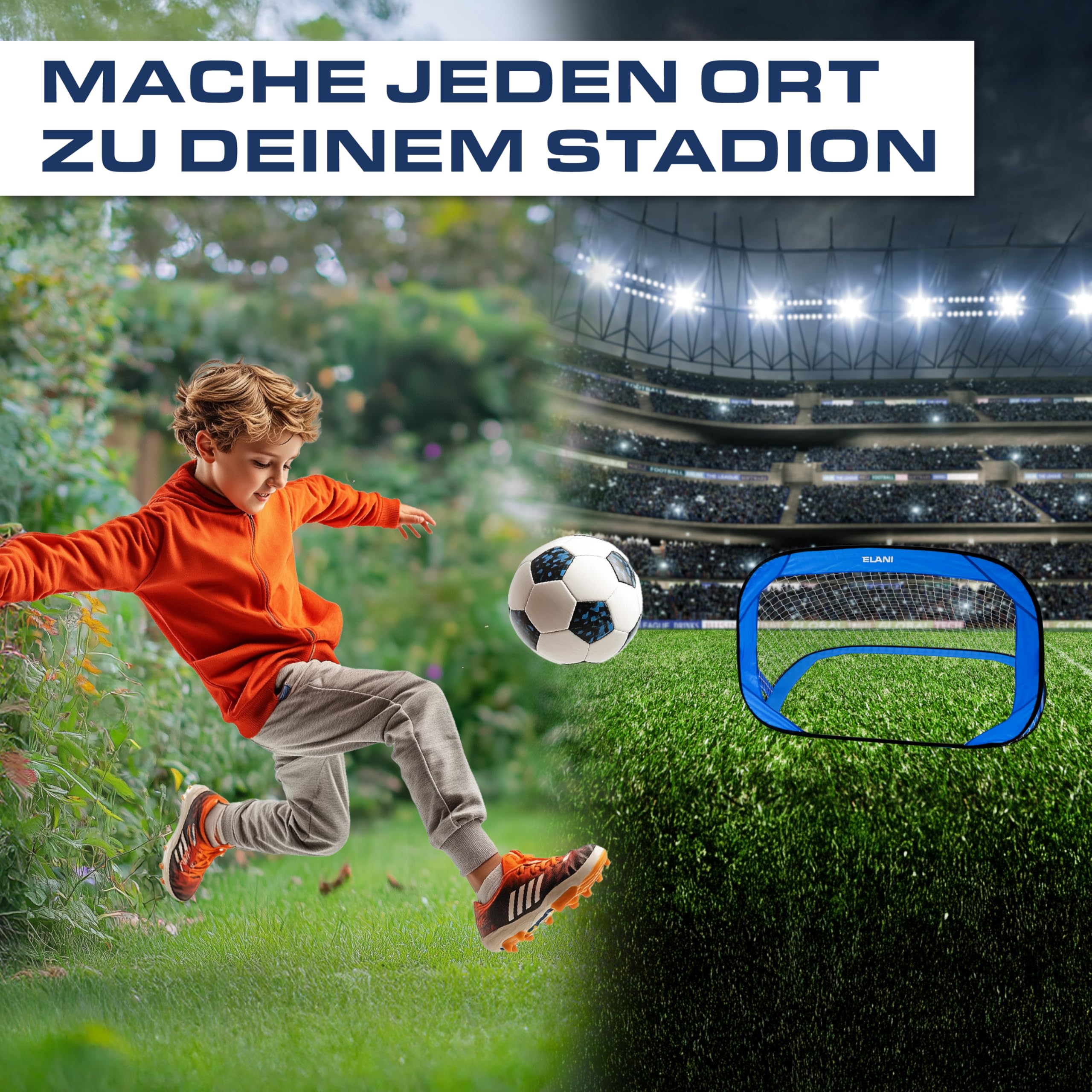 ELANI Fußballtor Kinder Pop-Up 2er Set - faltbar mit Ball & Pumpe, 50% Kleiner + Easy Aufbau, mini Fussballtor klein, Goal, Fussballtore für Garten Kinder, Fußballtore, Fussball Tor