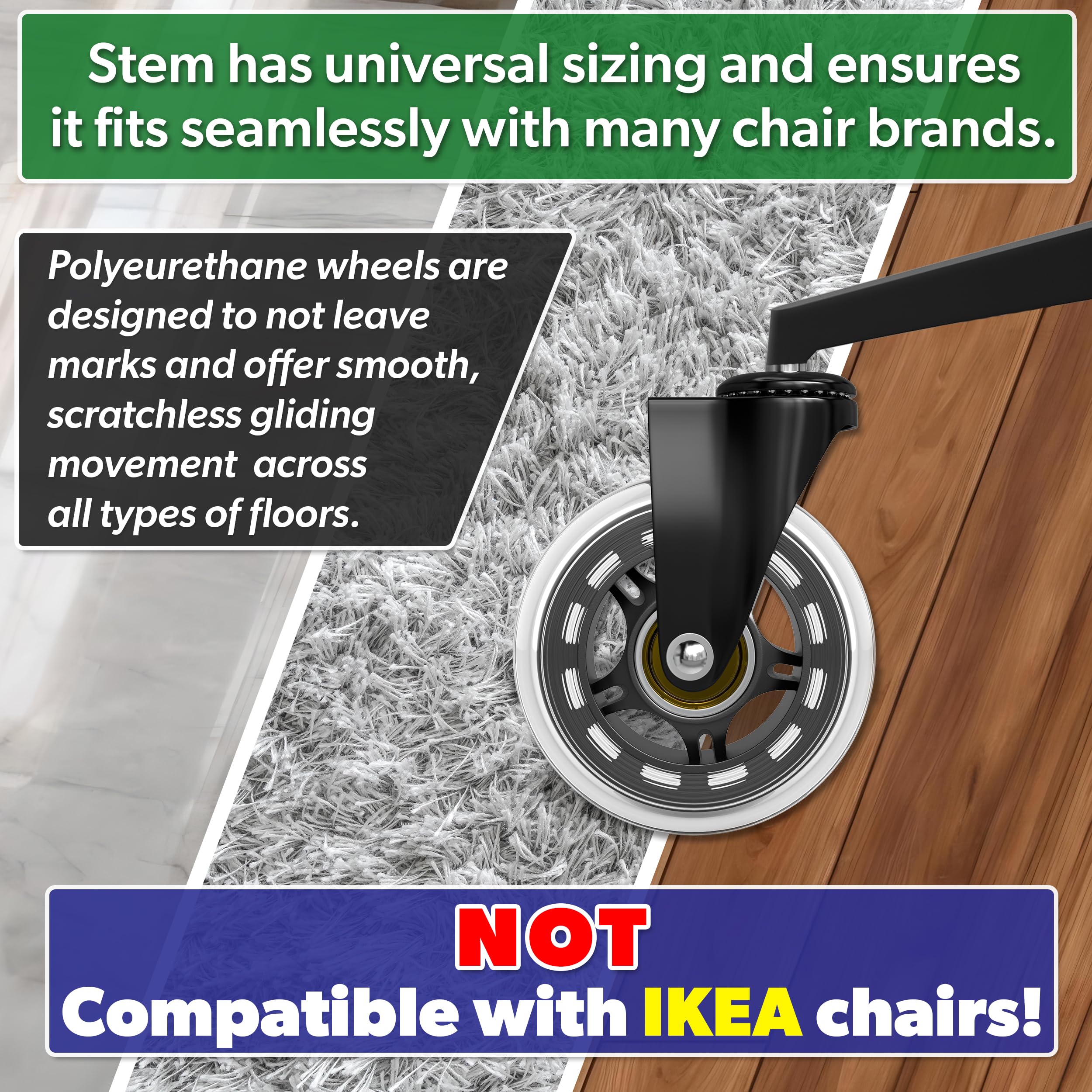Buena Goods Office Chair Wheels Replacement - 3 Inch Clear Polyurethane Casters For Carpet & Hardwood Floors, Set Of 5
