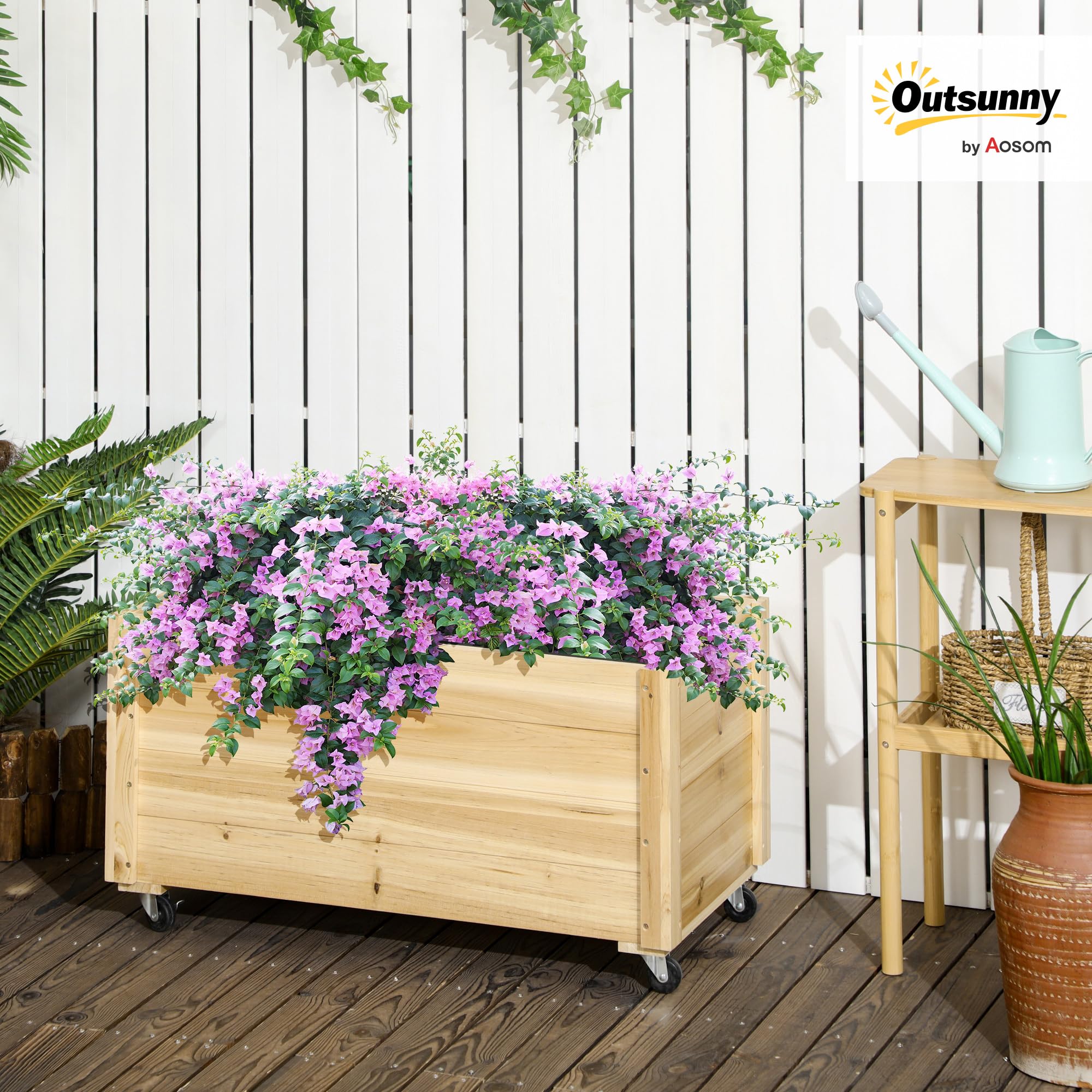Outsunny Fioriera da Giardino con Foro di Drenaggio e Fodera di Tessuto non Tessuto, Fioriera in Legno di Abete con Rotelle, 89x48x47 cm, color Legno