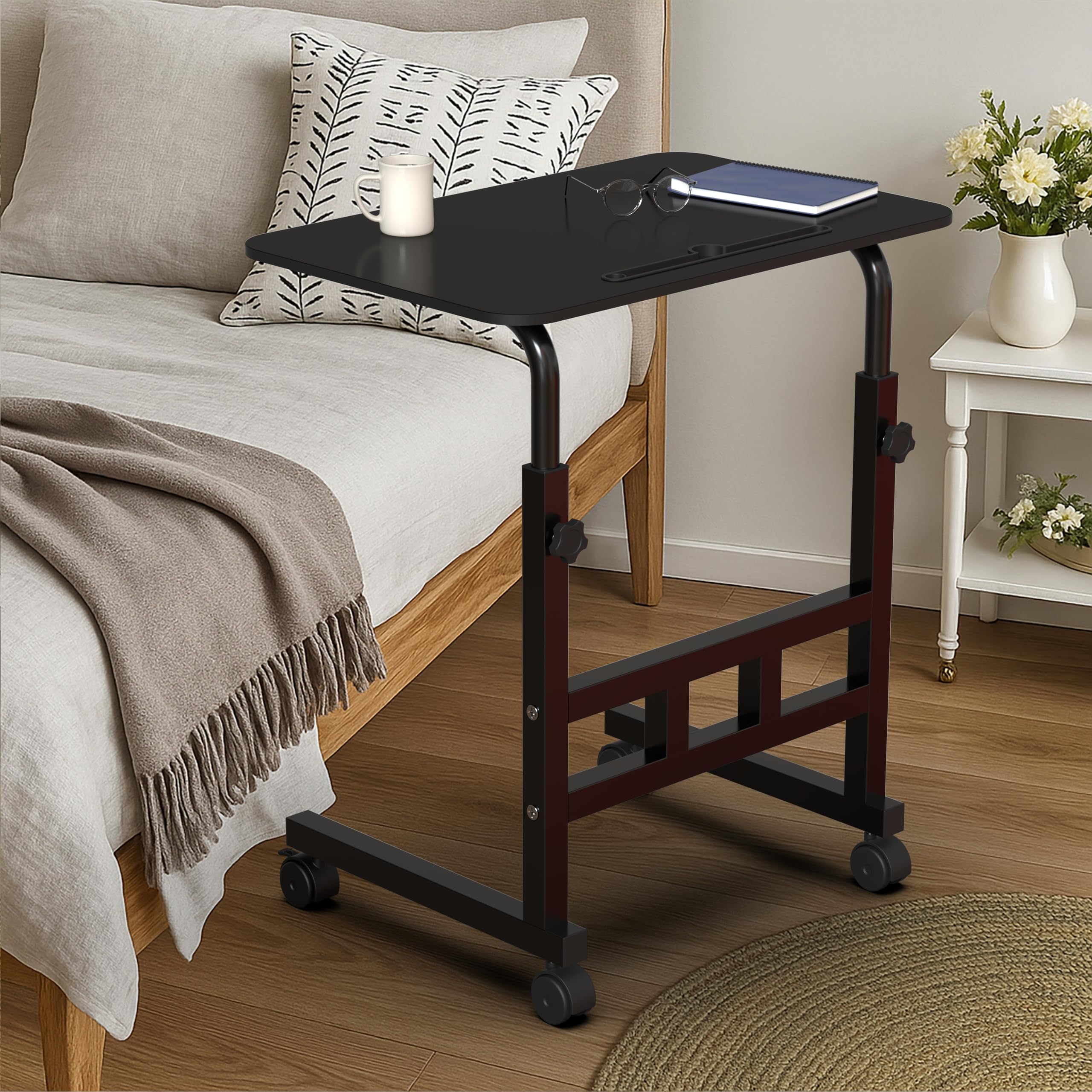 APPUCOCO Height Adjustable Trolly Portable Table with Wheels, Multipurpose Movable Table for Laptop, Work from Home - Black