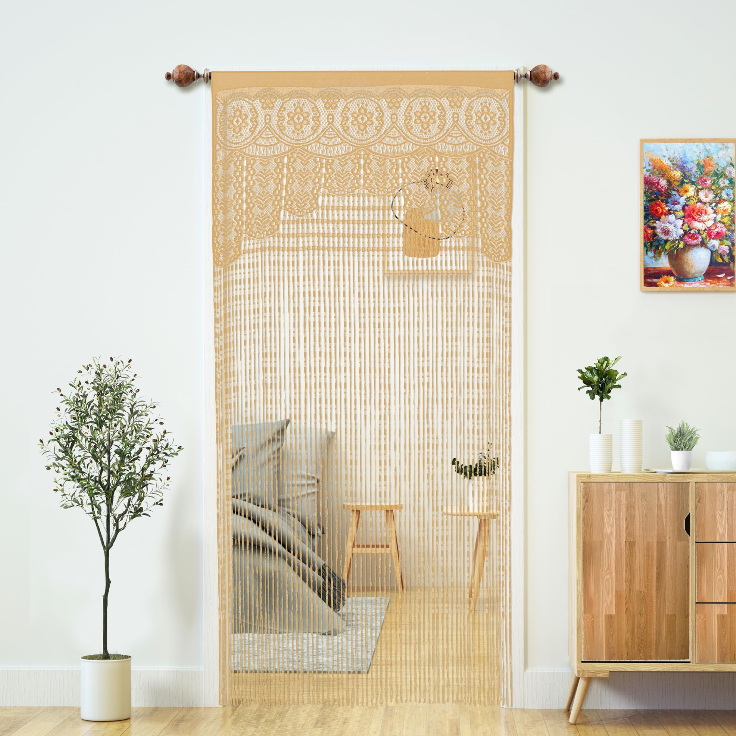 YaoYue Macrame Lace Door String Curtain for Doorways,Room Divider Doorway Hippie Window Panel Room Divider Wall Closet Curtains for Bedroom Closet Door Drapes (35×79in/90×200cm,Champagne)