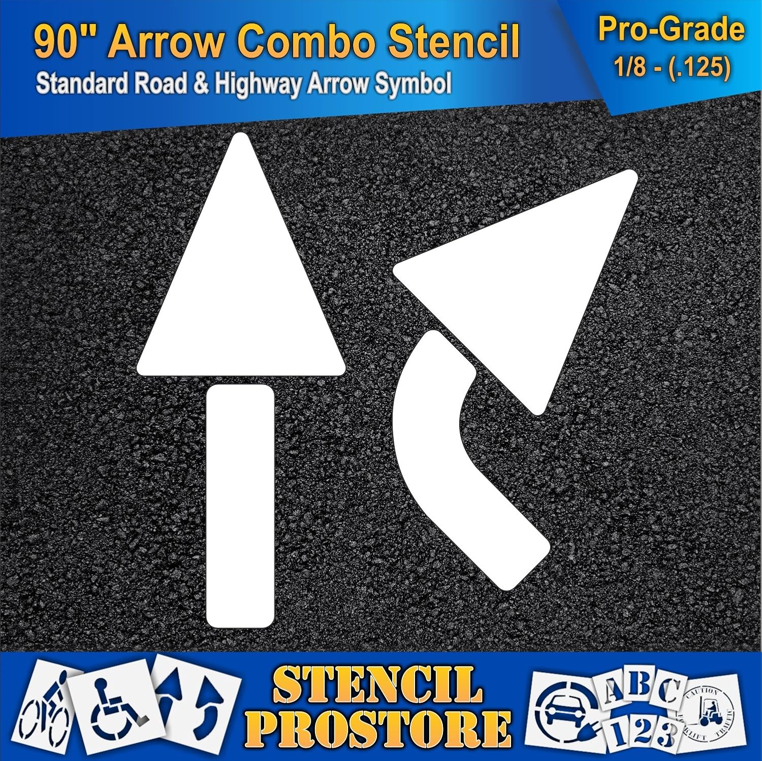 Pavement Stencils - 90 inch - Straight & Turn Combo Arrow KIT - (3 Piece) - 90" x 36 x 1/8" (128 mil) - Pro-Grade