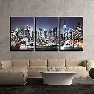 Best wall26 - 3 Piece Canvas Wall Art - New York City Manhattan Skyline Panorama at Night - Modern Home Art Stretched and Framed Ready to Hang - 16"x24"x3 Panels Review 