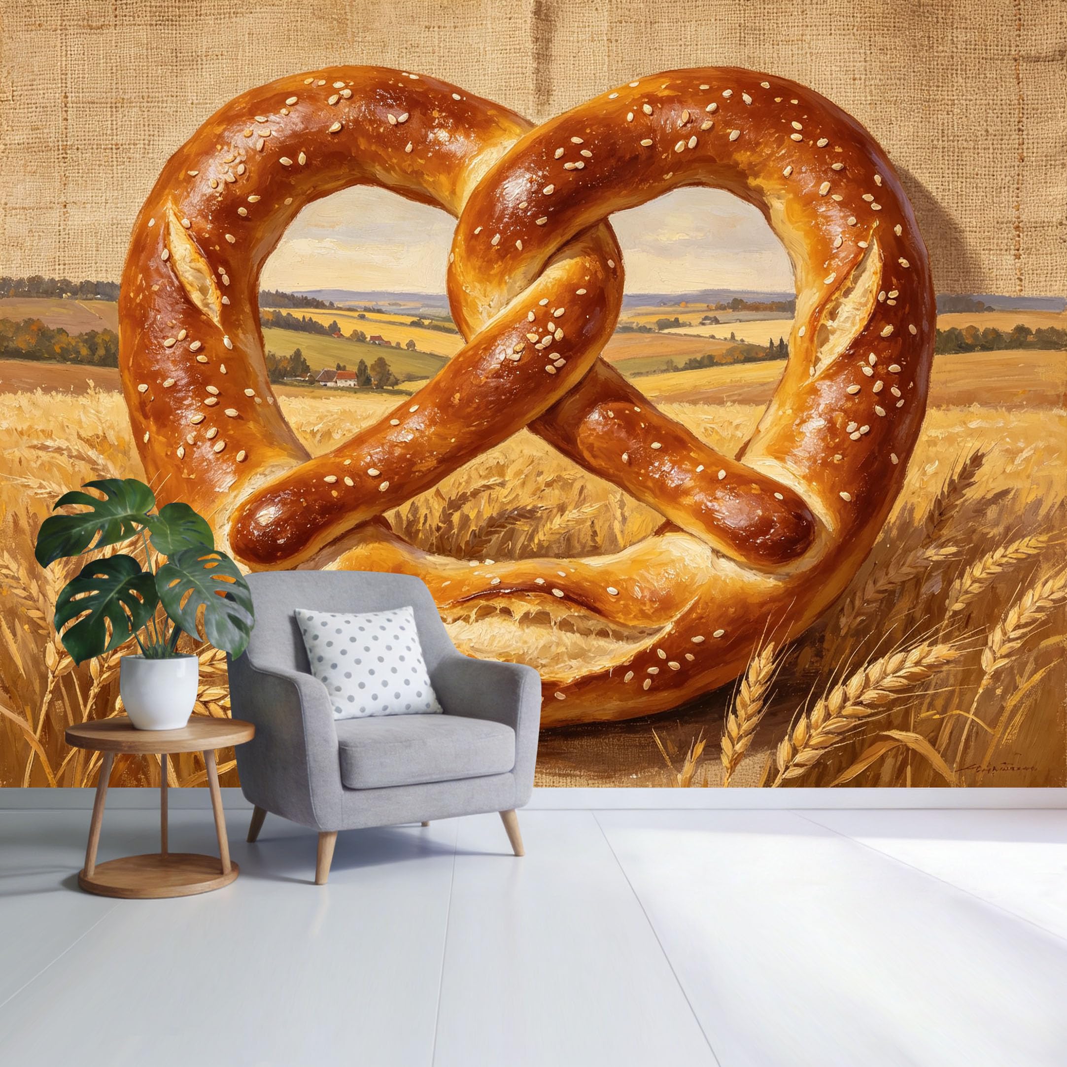 Custom Size Wall Mural Rustic Pretzel Wheat Field Landscape Oil Painting Style SelfAdhesive Wall Fabric Removable Wallpaper for Home Office Decor