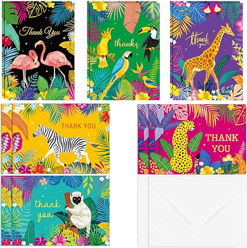 Jutom 48 tarjetas de agradecimiento de animales tropicales, notas de agradecimiento con sobre, tarjetas de felicitación en blanco, guepardos,