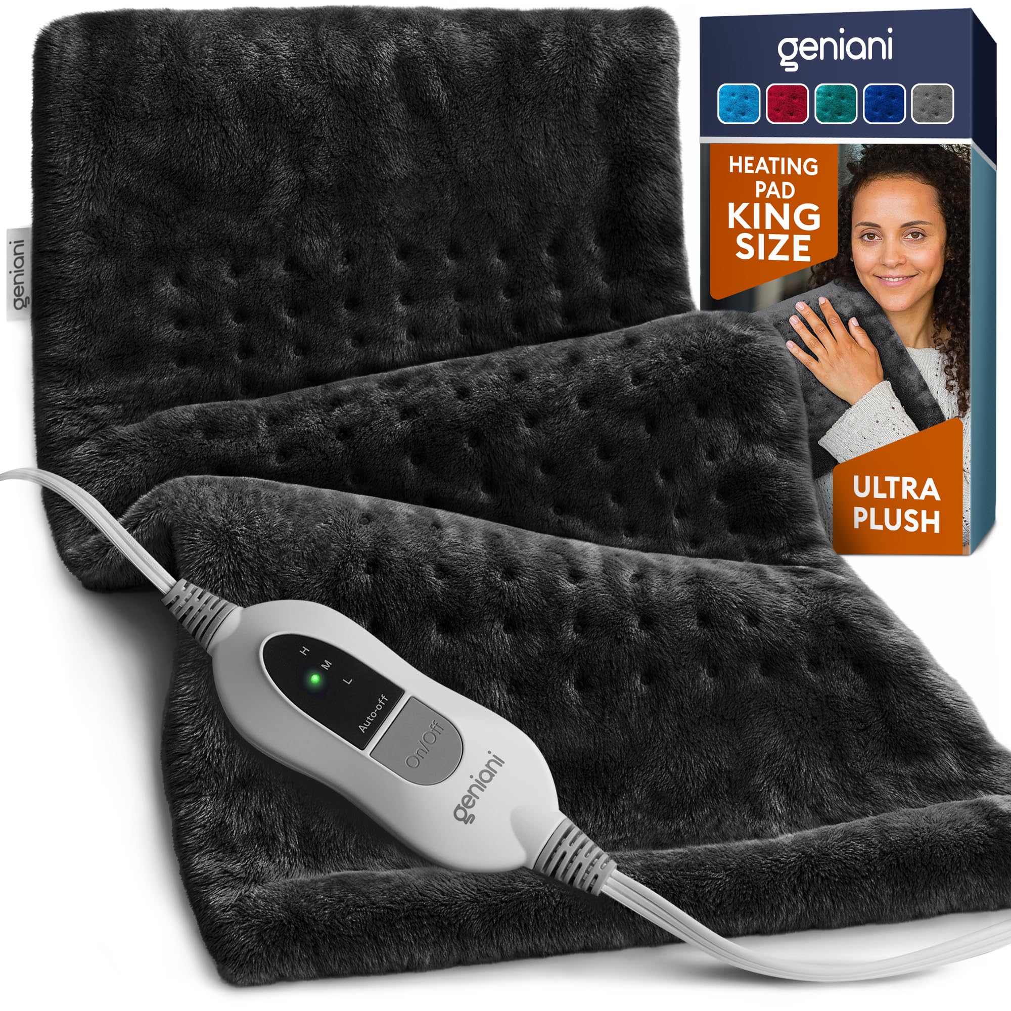 GENIANI Electric Heating Pad for Back Pain &amp; Cramps Relief, Electric Throw, Self Care Gifts for Women, Heating Pad for Neck &amp; Shoulder, Machine Washable Microplush, Auto Shut Off (12×24", Black)