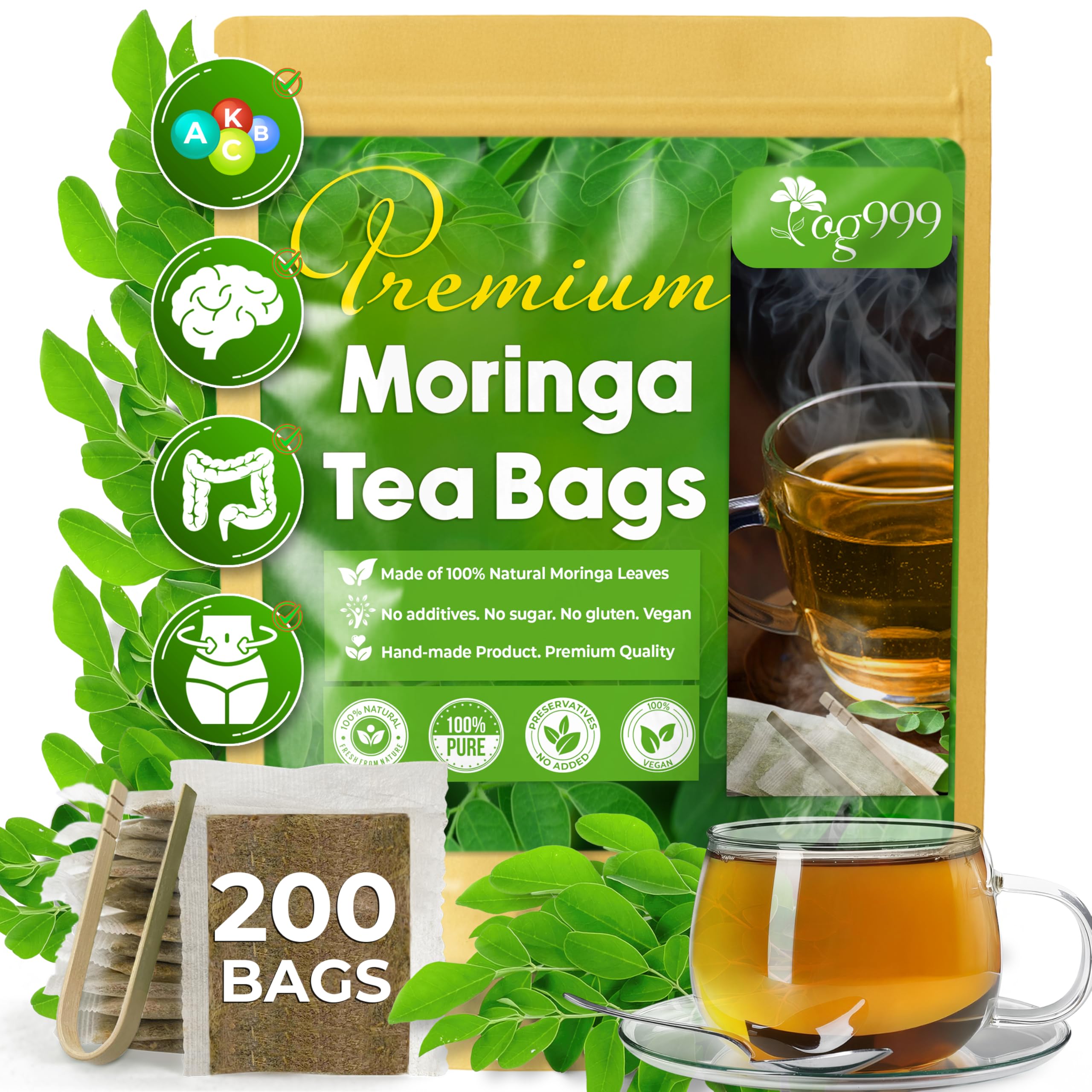 TOG999, Premium 200 Moringa Leaf Tea Bags, 100% Natural & Pure. Loose Leaf Moringa Herbal Tea. No Sugar, No Caffeine, No Gluten, Vegan.