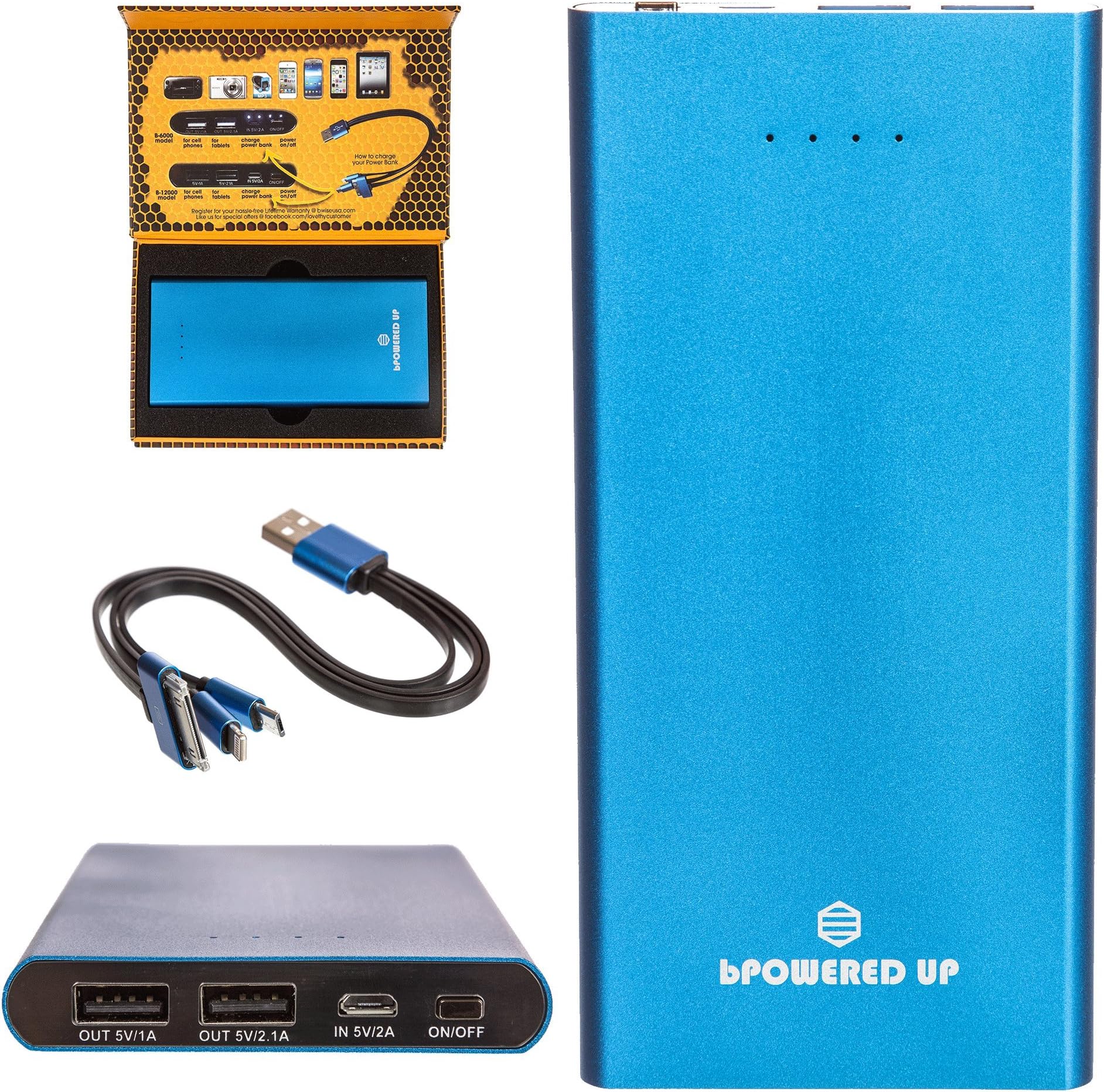 bPowered UP - Premium Ultra-Thin Portable External Battery Charger - TRUE-12000 mAh - Dual USB - - $20 Aluminum 3-in-1 Cord with Lightening Plug Included - (Blue)