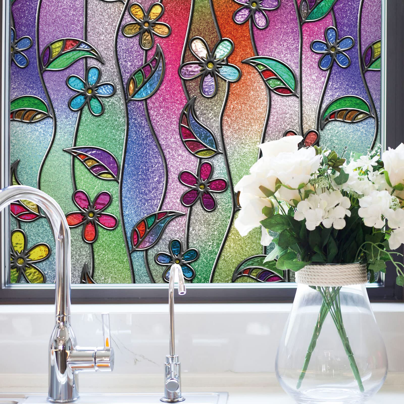 dktie Raamfolie privacy vinyl matte raamfolie lijmvrije glas-in-lood raamfolie, verwijderbaar, bloemige statische films voor keuken, badkamer, kinderkamer 90 x 200 cm