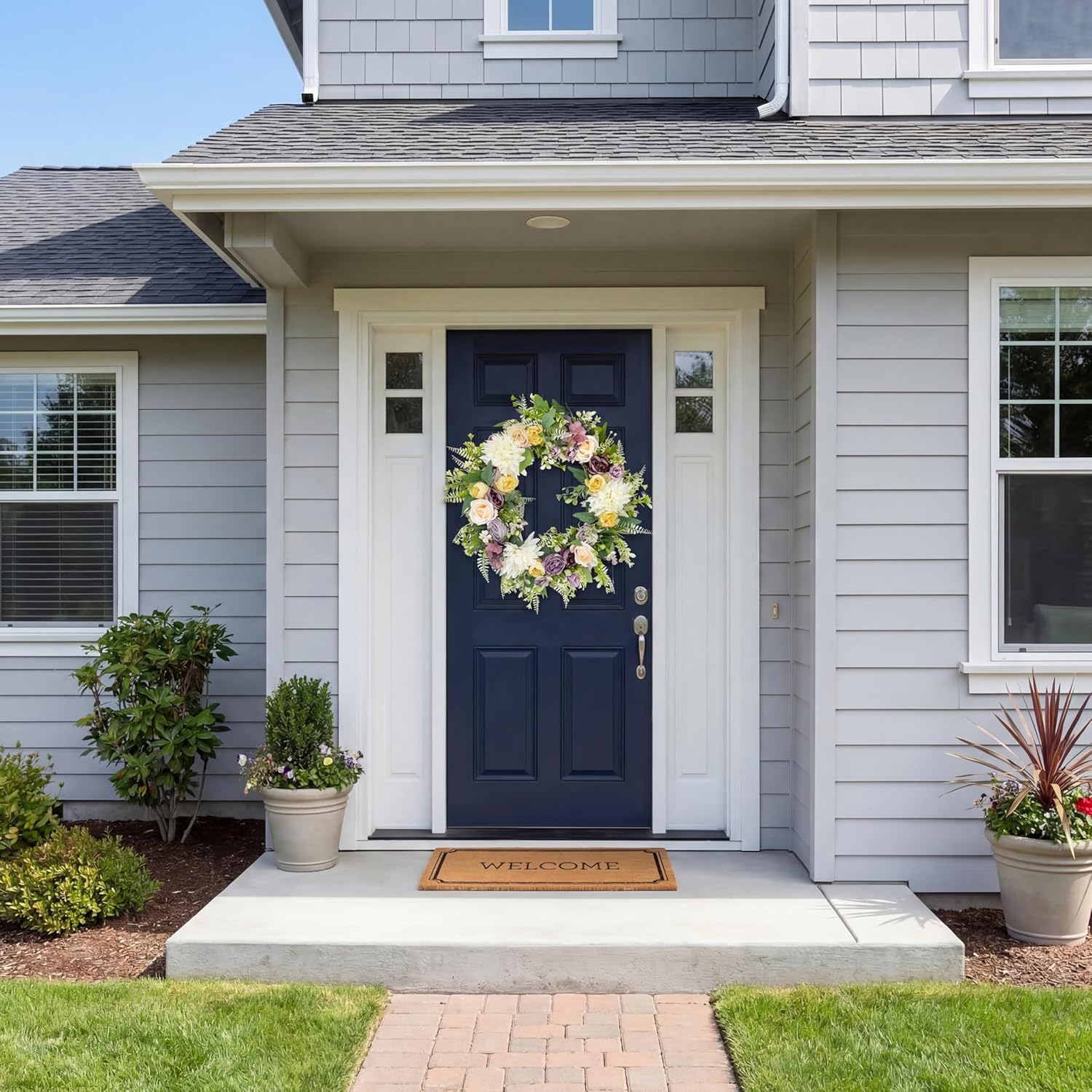 Spring Wreath for Front Door - 20 Inch All Season Outdoor Wreath with Artificial Roses and Hydrangeas - Weatherproof Door Decor for Home, Farmhouse, Entryway, and Spring Decor