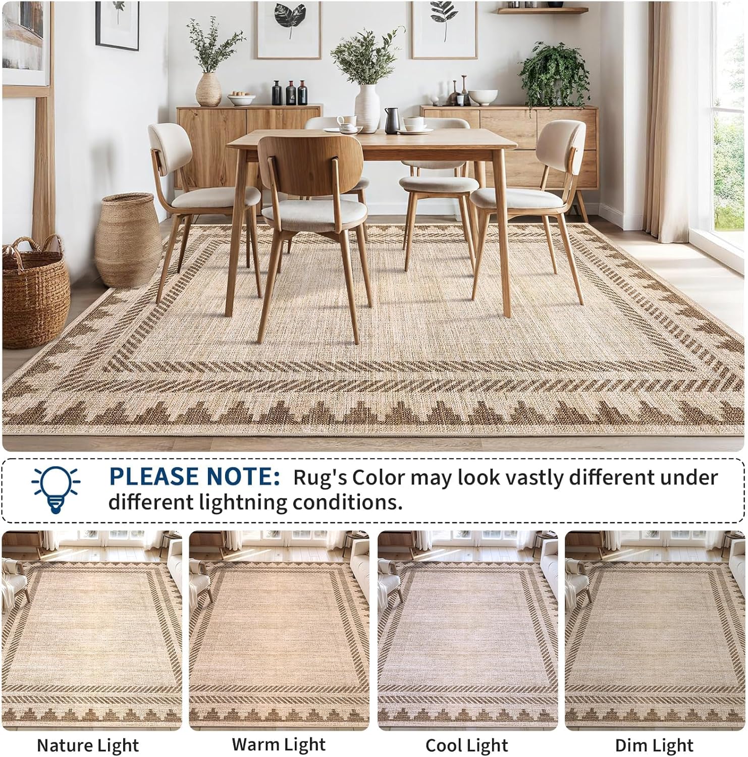 Garvee Washable 9x12 Area Rugs for Living Room Non Slip Modern Solid Bordered Rug, Stain Resistant Bordered Soft Carpet, Neutral Foldable Floor Rugs for Bedroom Dining Room Nursery Farmhouse,Taupe