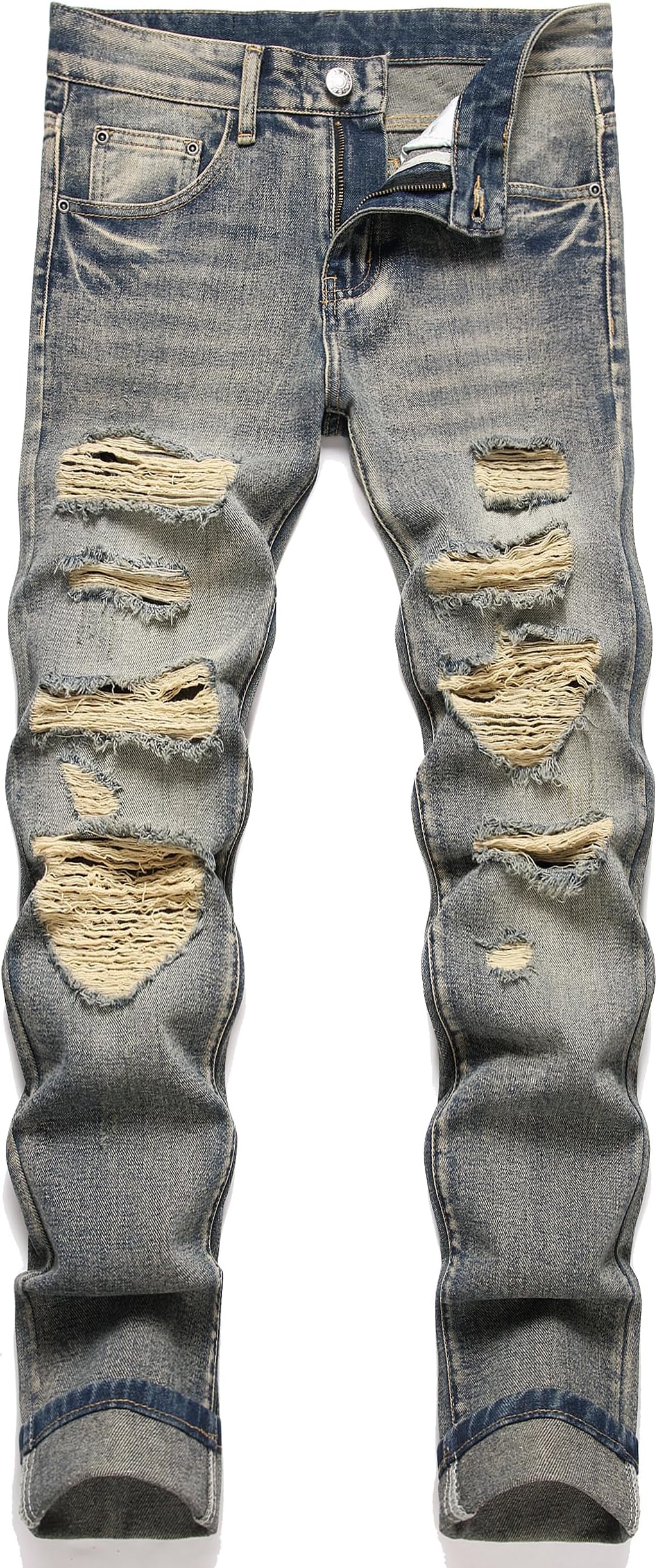 OIIIO Men's Ripped Slim Fit Straight Leg Jean Denim Pant