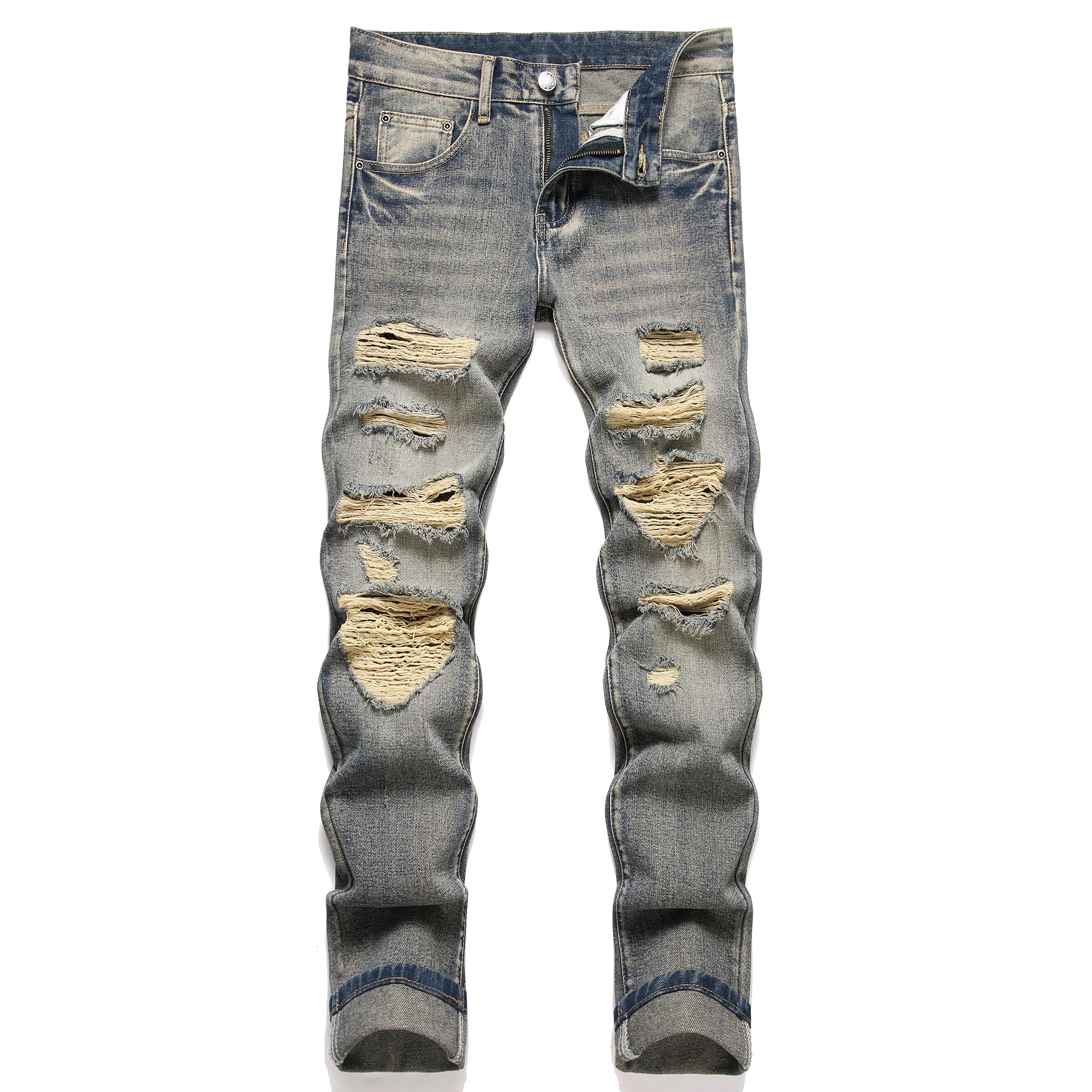 OIIIO Men's Ripped Slim Fit Straight Leg Jean Denim Pant