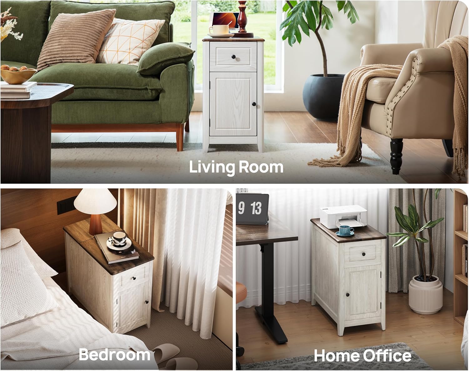 Farmhouse End Table with Charging Station, USB-C, Narrow Side Table with Storage Cabinet and Deep Drawer, Small Nightstand with Hidden USB Ports and Outlets for Living Room, Bedroom, Office, White
