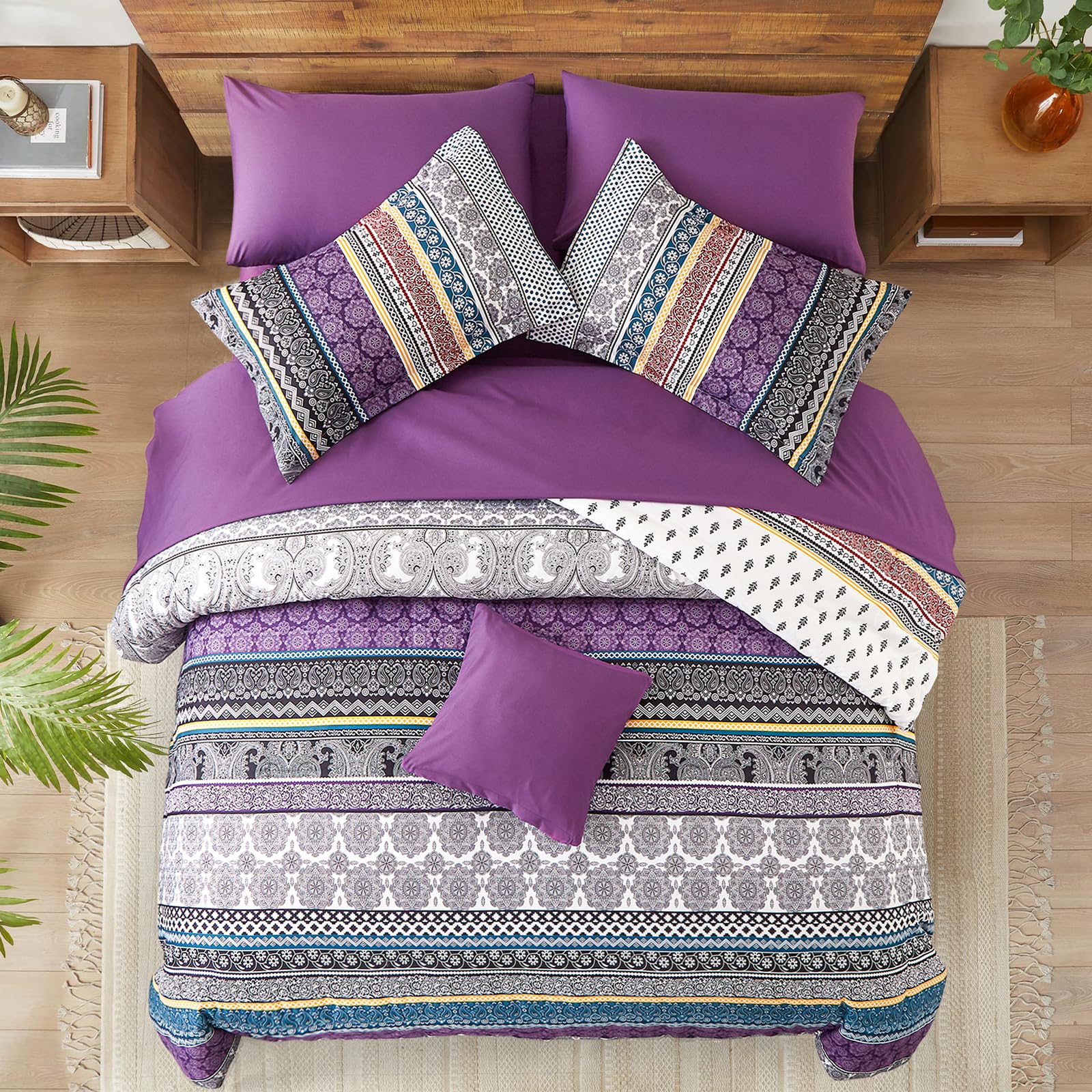 WONGS BEDDING Bohemian Double Duvet Cover Set Purple Grey Colorful Boho Striped Bedding Set including 2 Pillowcases Soft Microfiber Moroccan Quilt Cover 200x200cm