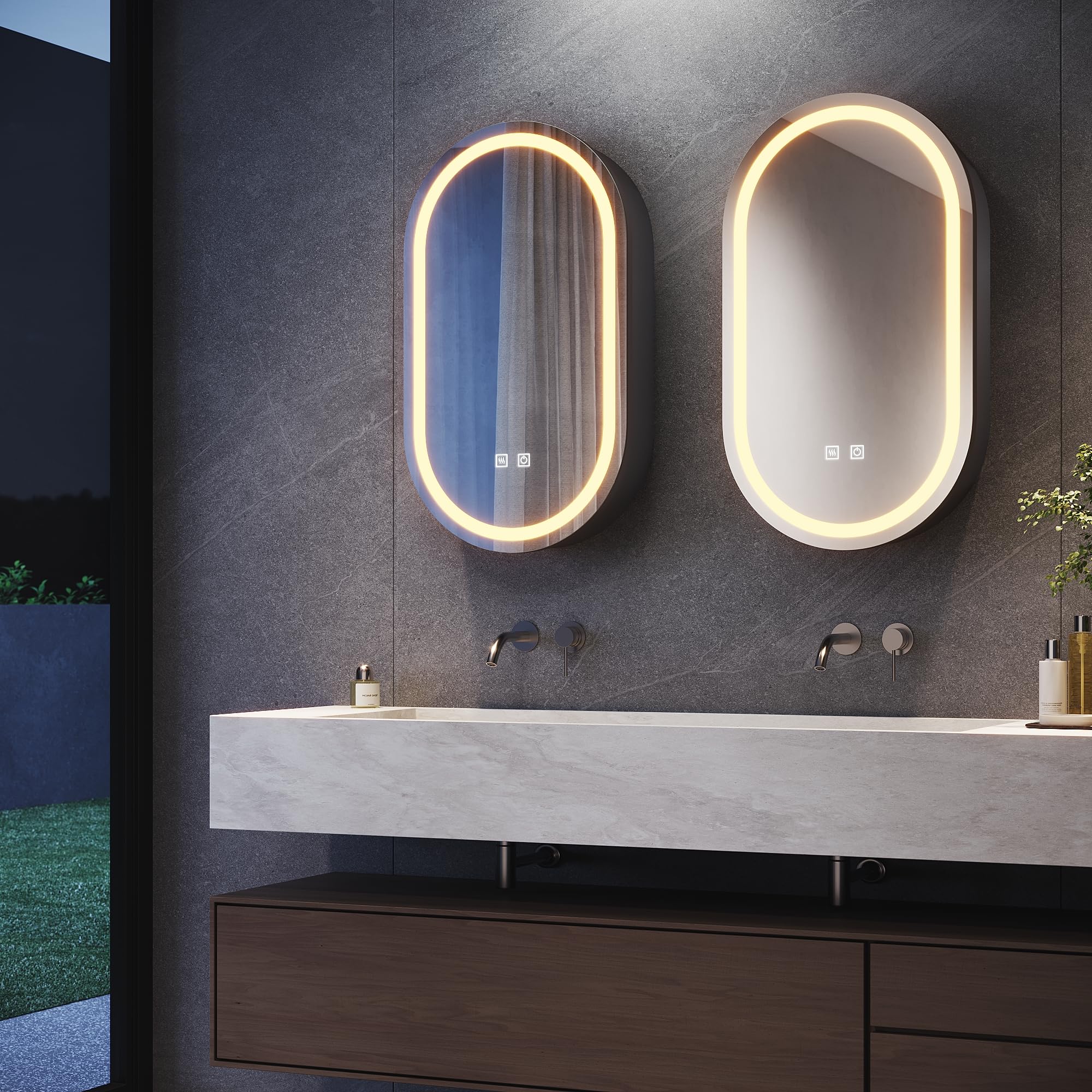 SONNI Armadietto a specchio da bagno con illuminazione e presa LED, interruttore touch, dimmabile, 3 colori luce regolabili, anti-appannamento, ovale, 40x70 cm, nero opaco
