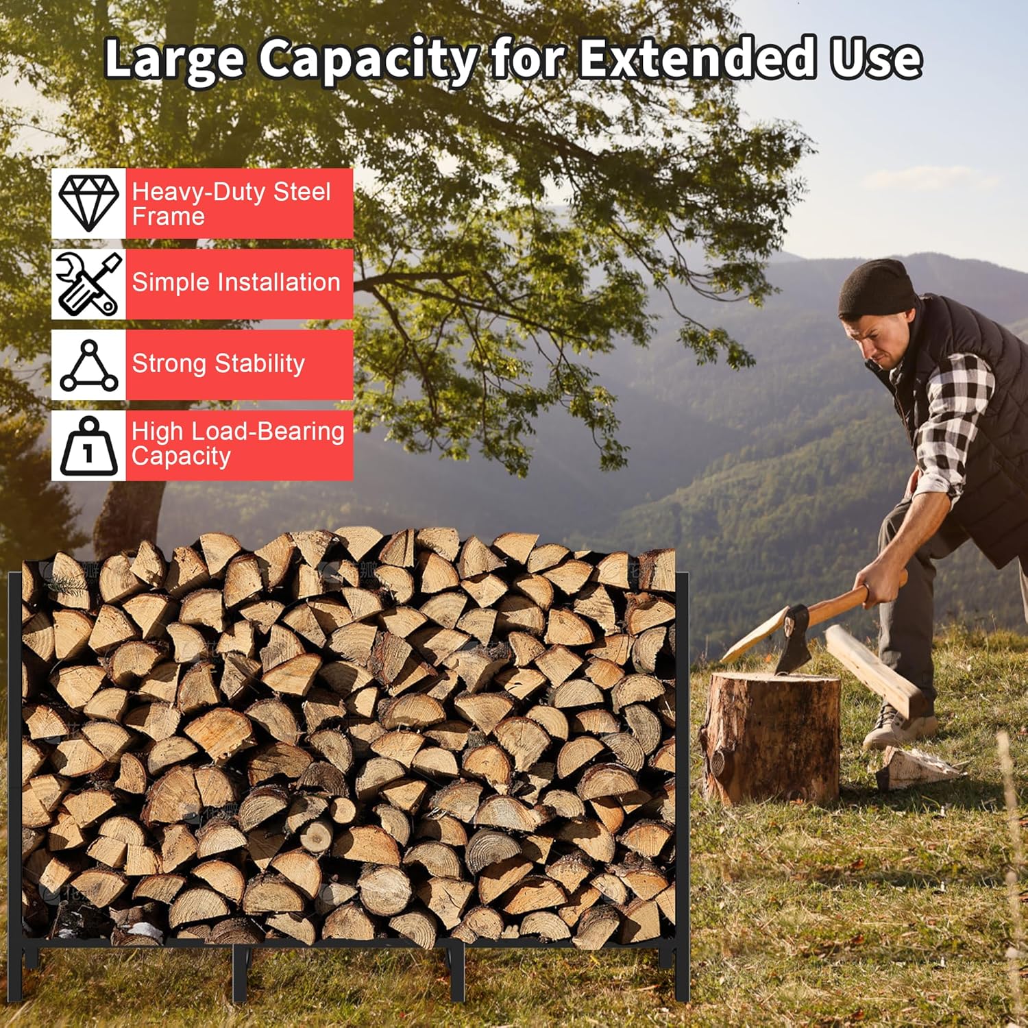 DIAMONDFORGE 4ft Firewood Rack Outdoor, Heavy Duty Fire Wood Stand, Metal Firewood Rack Indoor, Firewood Holder Storage, Log Wood Pile Racks Stand for Patio, Garden, Backyard, Matte Black