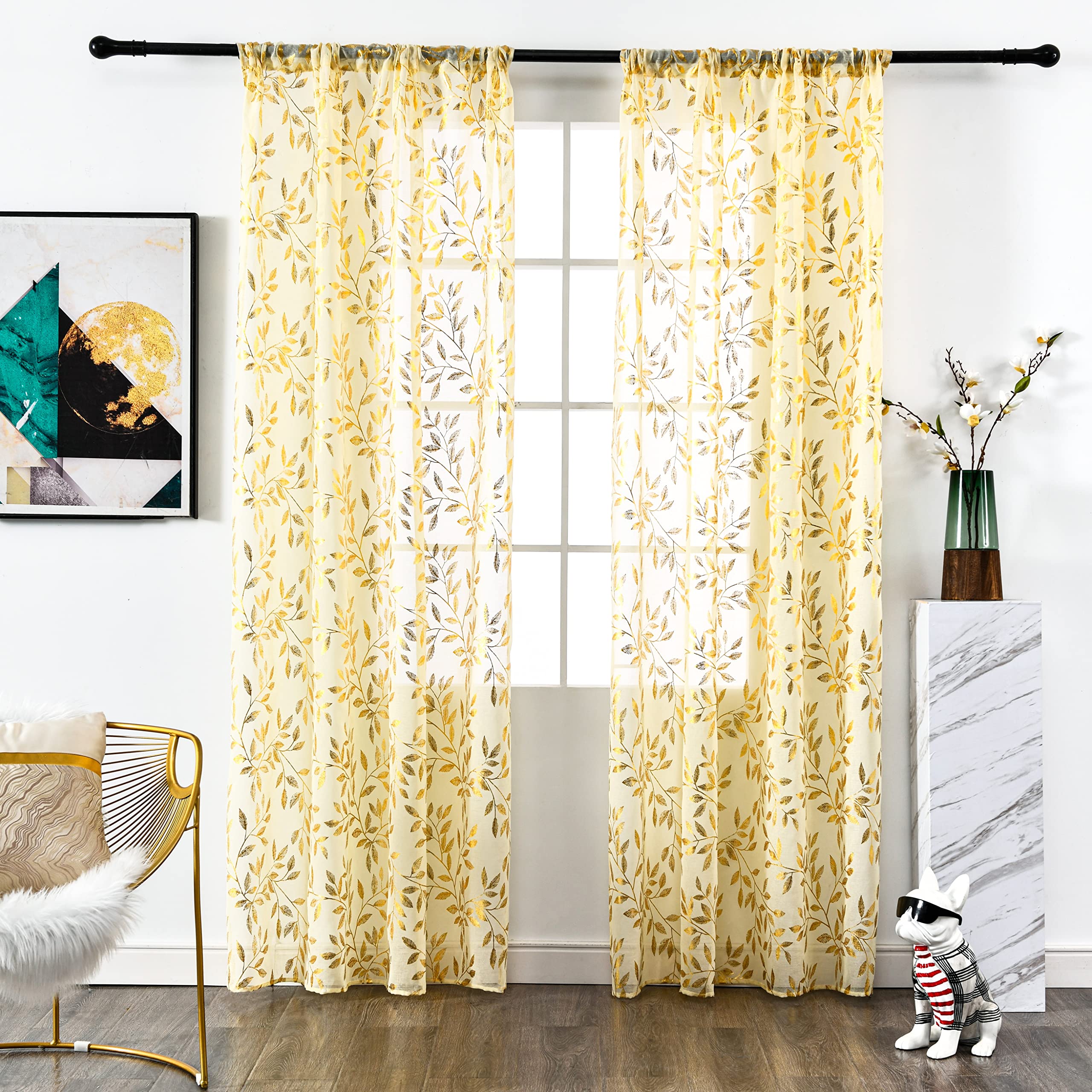 Sutuo Home Transparente Vorhänge, 213,3 cm lang, 2 Paneele, Goldfolien-Druck, metallische Bronzeblätter, Sichtfenster, Dekoration, Vorhangpaar für Weihnachten, Schlafzimmer, Küche, Wohnzimmer, 132,1