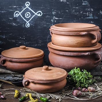 Ancient Cookware, Indian Clay Curry Pot, Medium, 8 Inch, 1.5 Quarts Terracotta