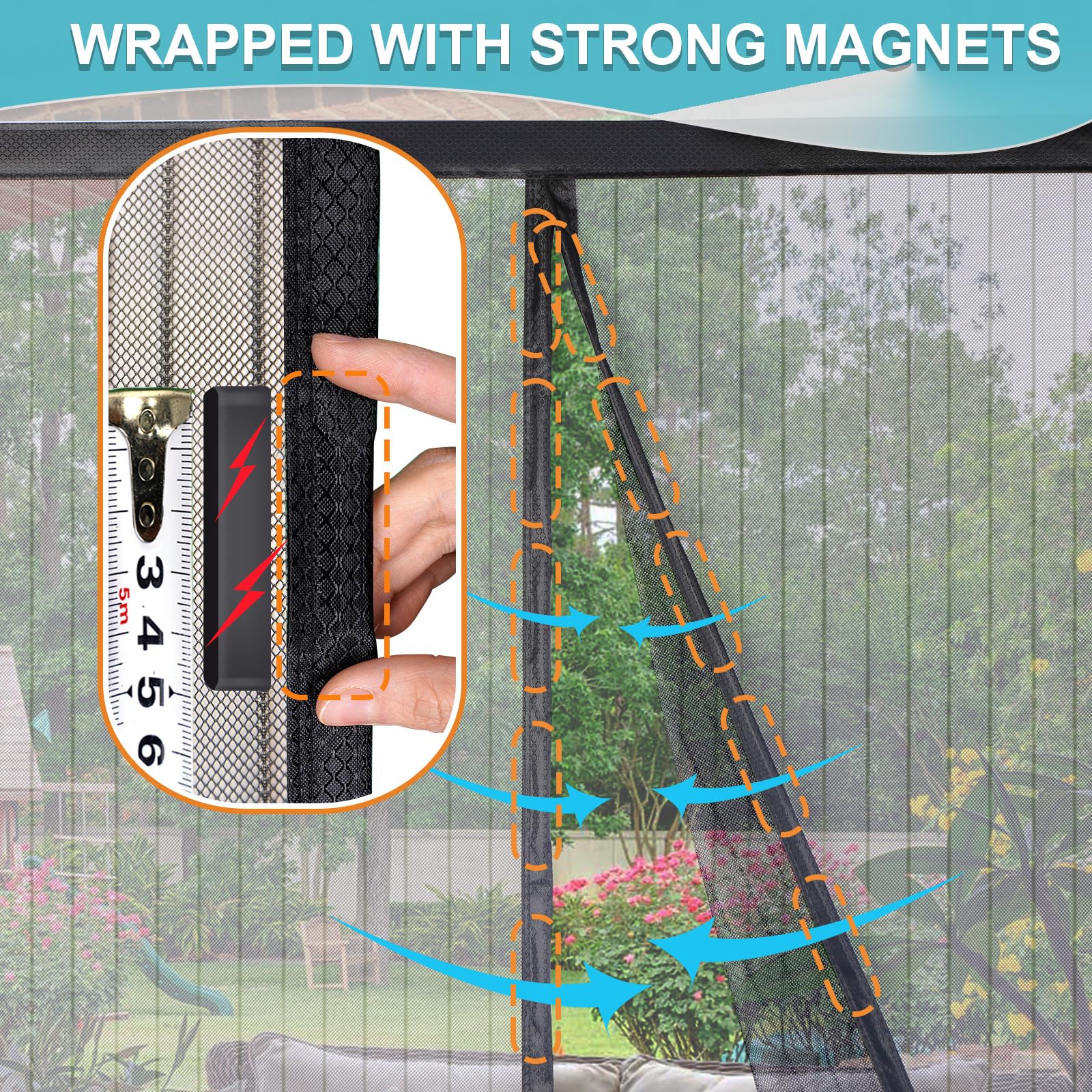 ENBZSVU Magnetic Screen Door Mesh, Fit Door 33 x 78 inch, Black Actual Net Screen Size Include Edges 35" x 80" for Patio, Sliding Door, Keeps Bugs Out, Fresh Air Flow, Self Closing in use