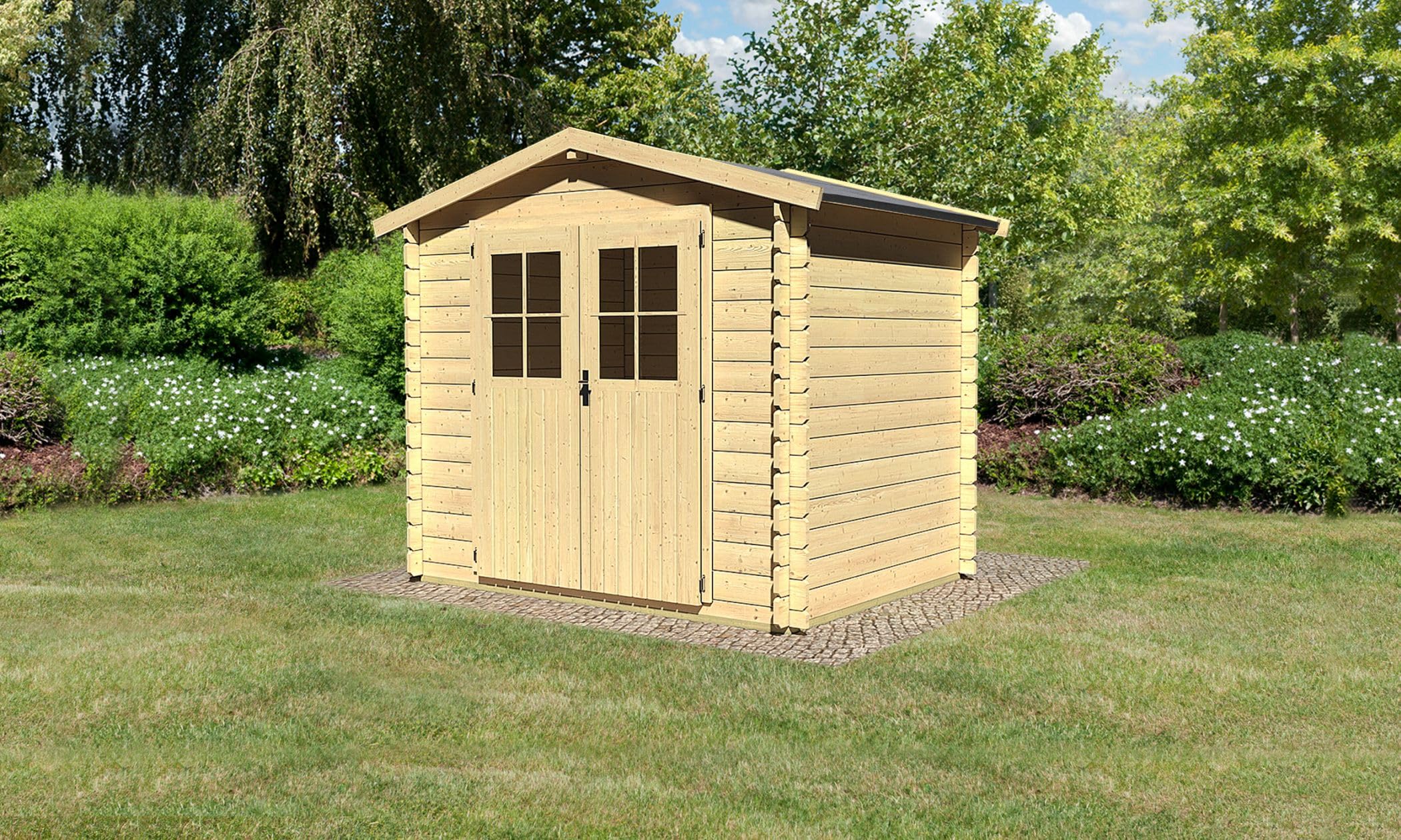 Karibu Blockbohlenhaus naturbelassen inkl. Fußboden und Dacheindeckung Holzhaus Gartenhütte ver. Modelle (Skandi 1 Maße 230x237x192 in cm)